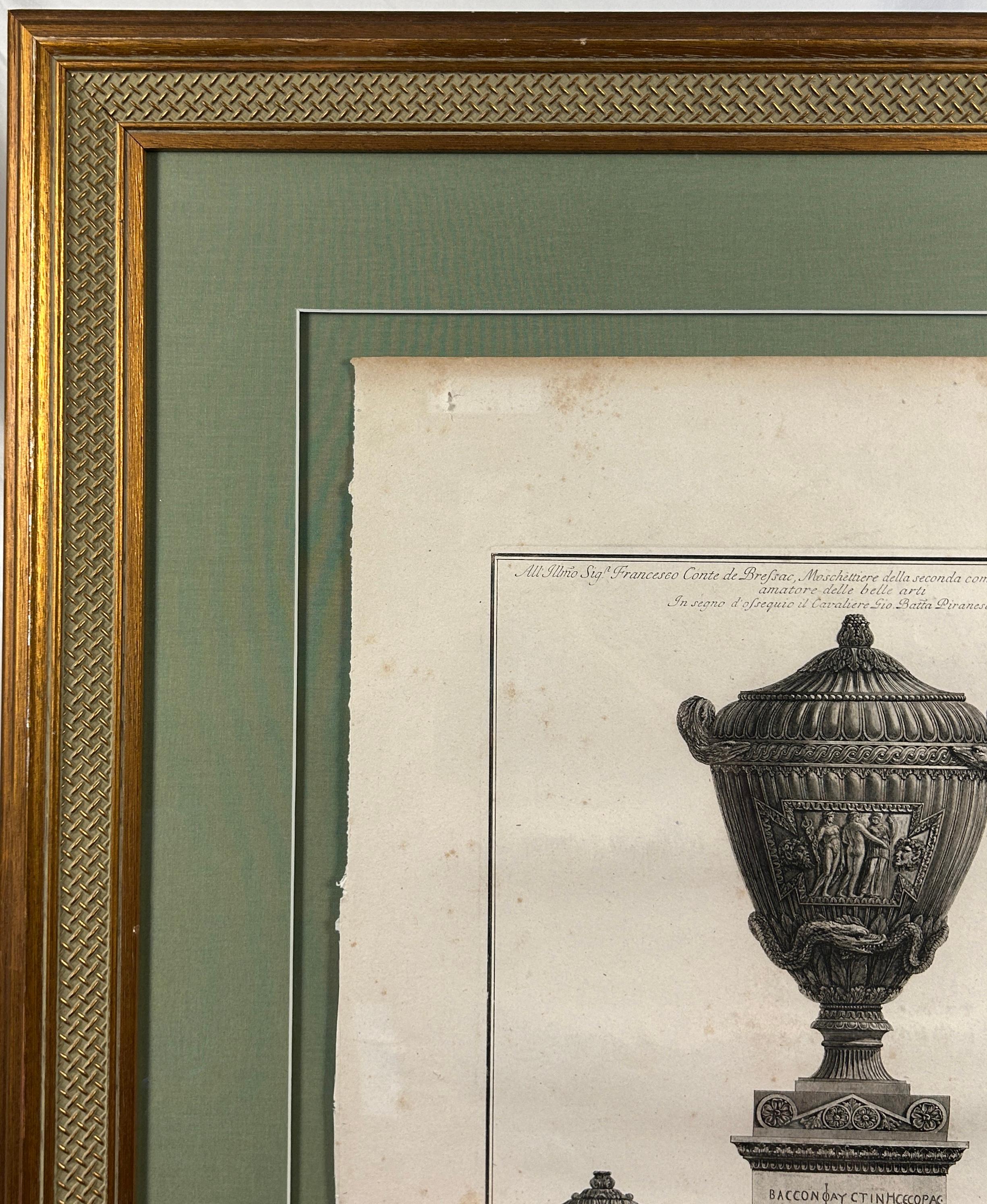 Italian Framed Etching of Vases by Giovanni Piranesi For Sale