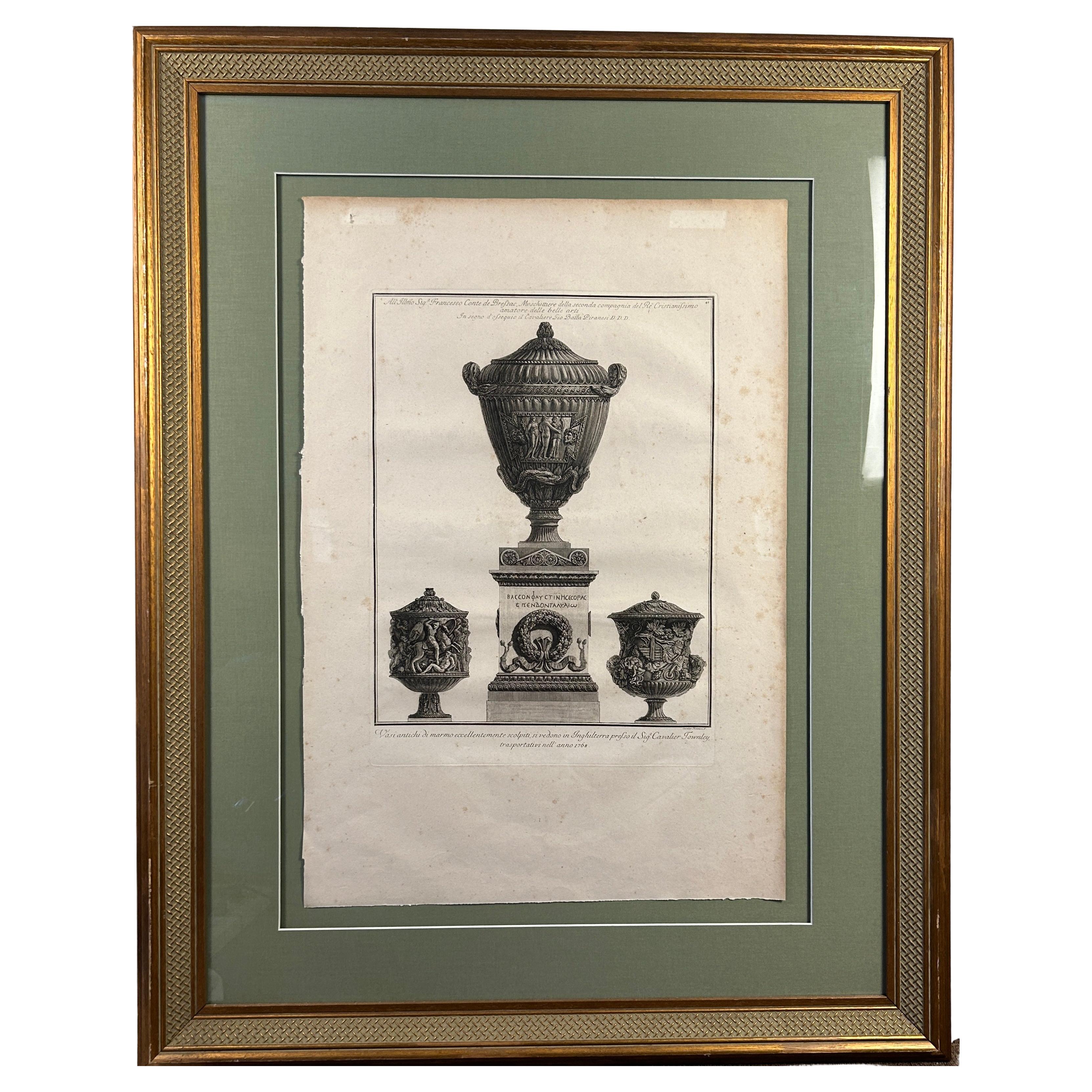 Framed Etching of Vases by Giovanni Piranesi For Sale