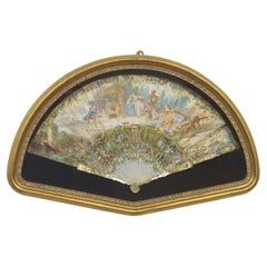 Framed European Brisé Fan with Rococo Pastoral Scene