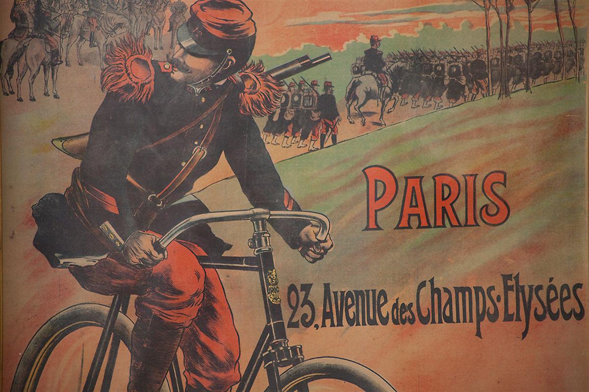 An original and extremely large advertising poster, circa 1895, by Lucien Lefevre for French Bicycle manufacturer Cycles Rochet. 

Backed onto linen and in good condition. Sold in its frame. 

The poster illustrates the clear advantage the