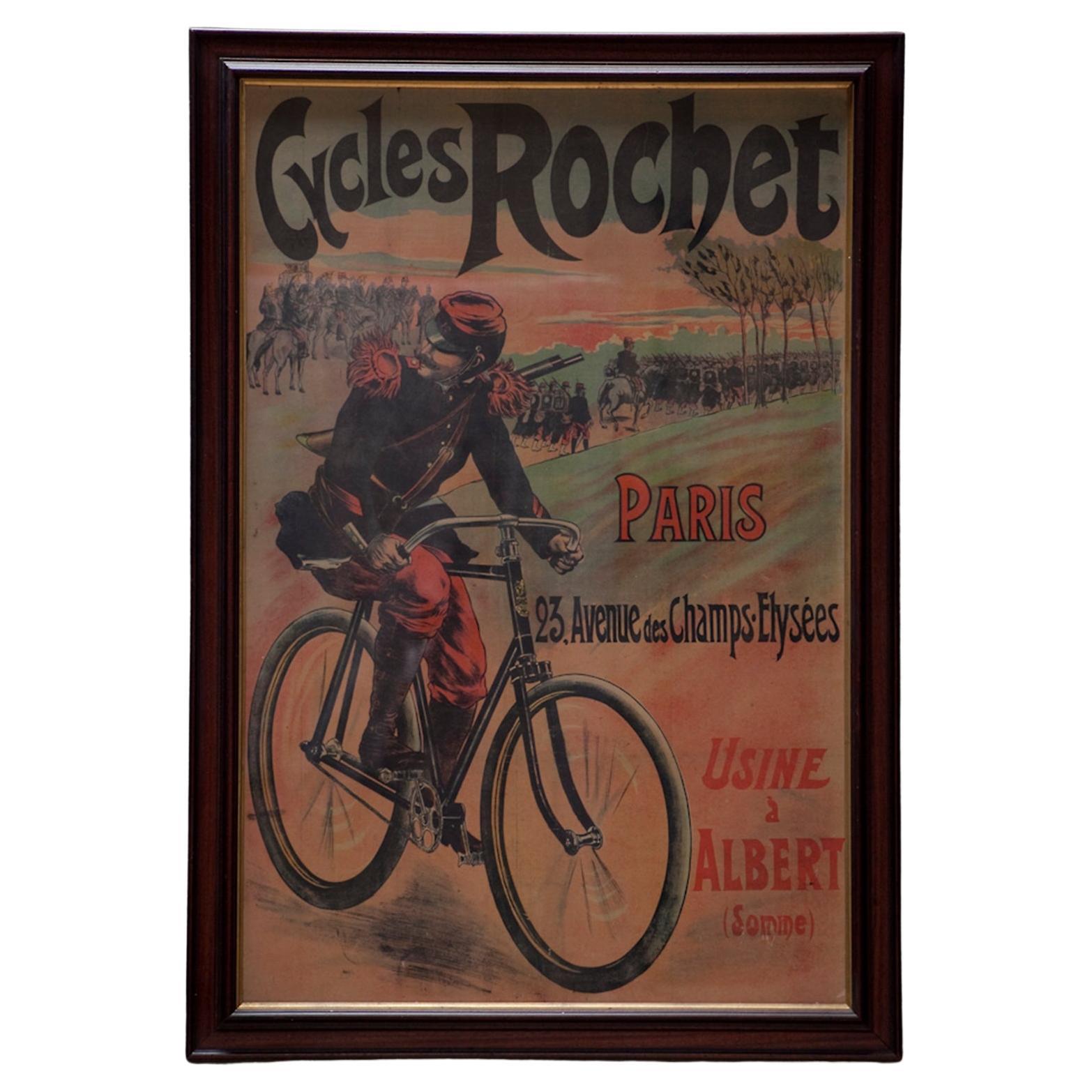 Framed Extra Large Linen Backed Poster for "Cycles Rochet" circa 1895 For Sale