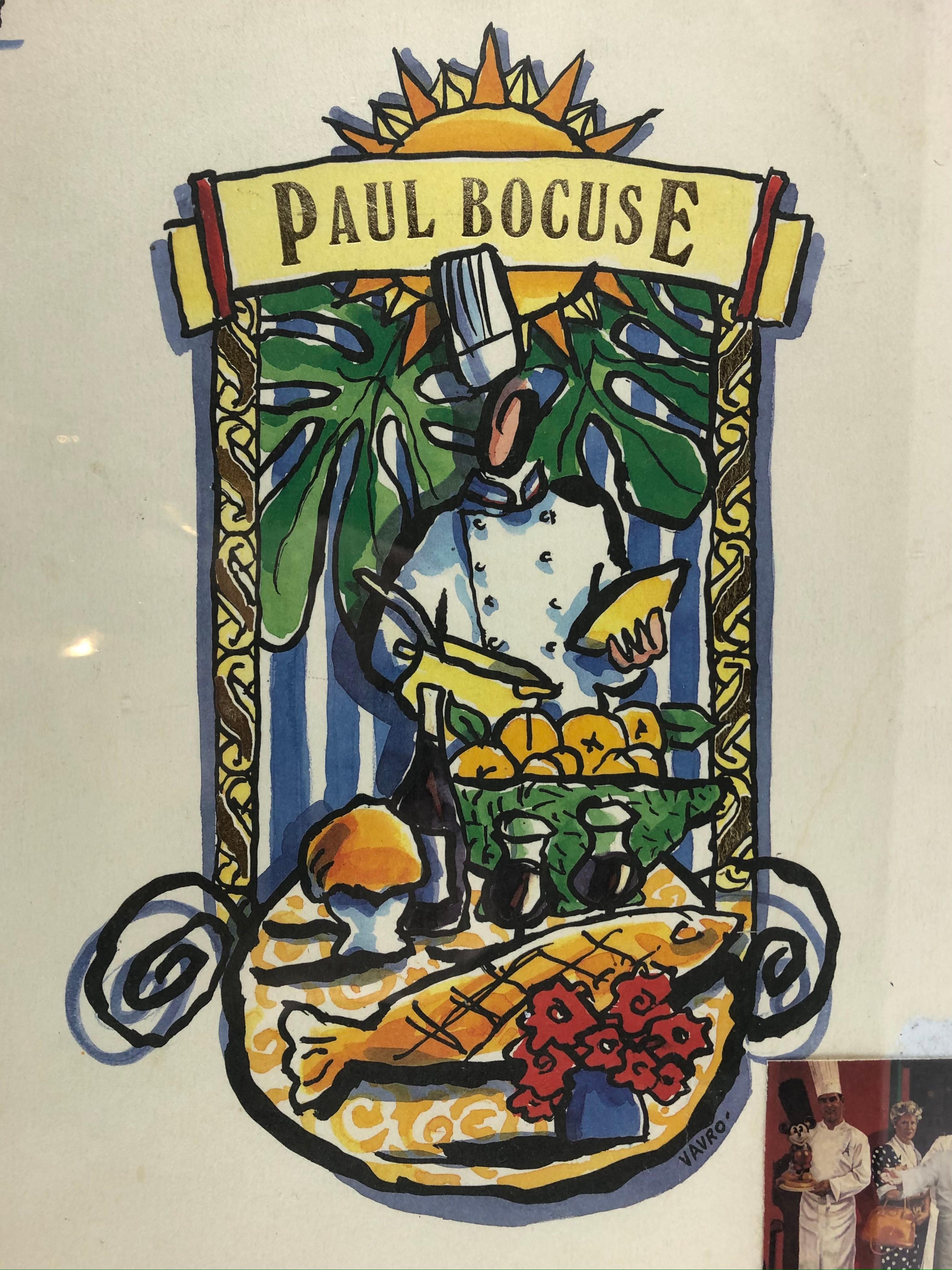 Framed Famous French Chef Paul Bocuse Drawing, Photo and Menu dated 2002 In Good Condition In Miami, FL