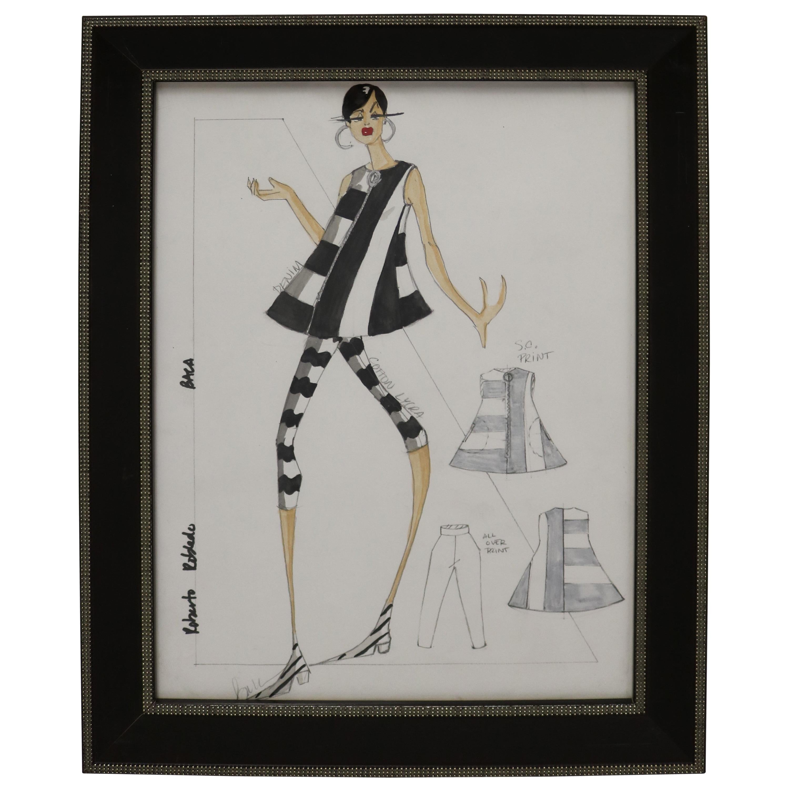 Framed Fashion Drawing and Watercolor Signed Ruben Robledo