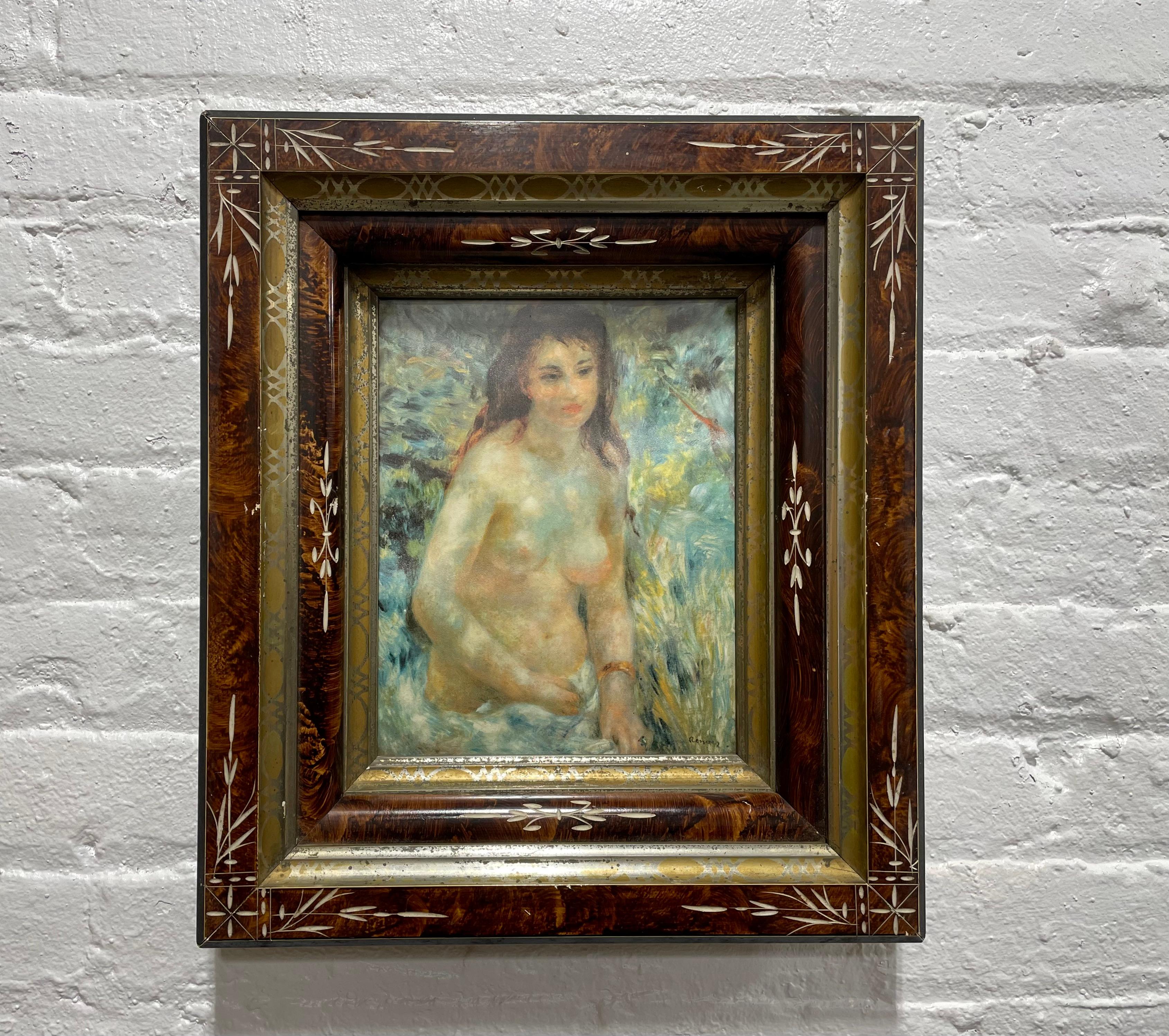 Vintage framed Renoir reproduction of Nude Female in stylized wooden frame. Ready to hang with wire along the back 

French, circa 1920.

Size of frame: 14 x 16 inches; 2.5