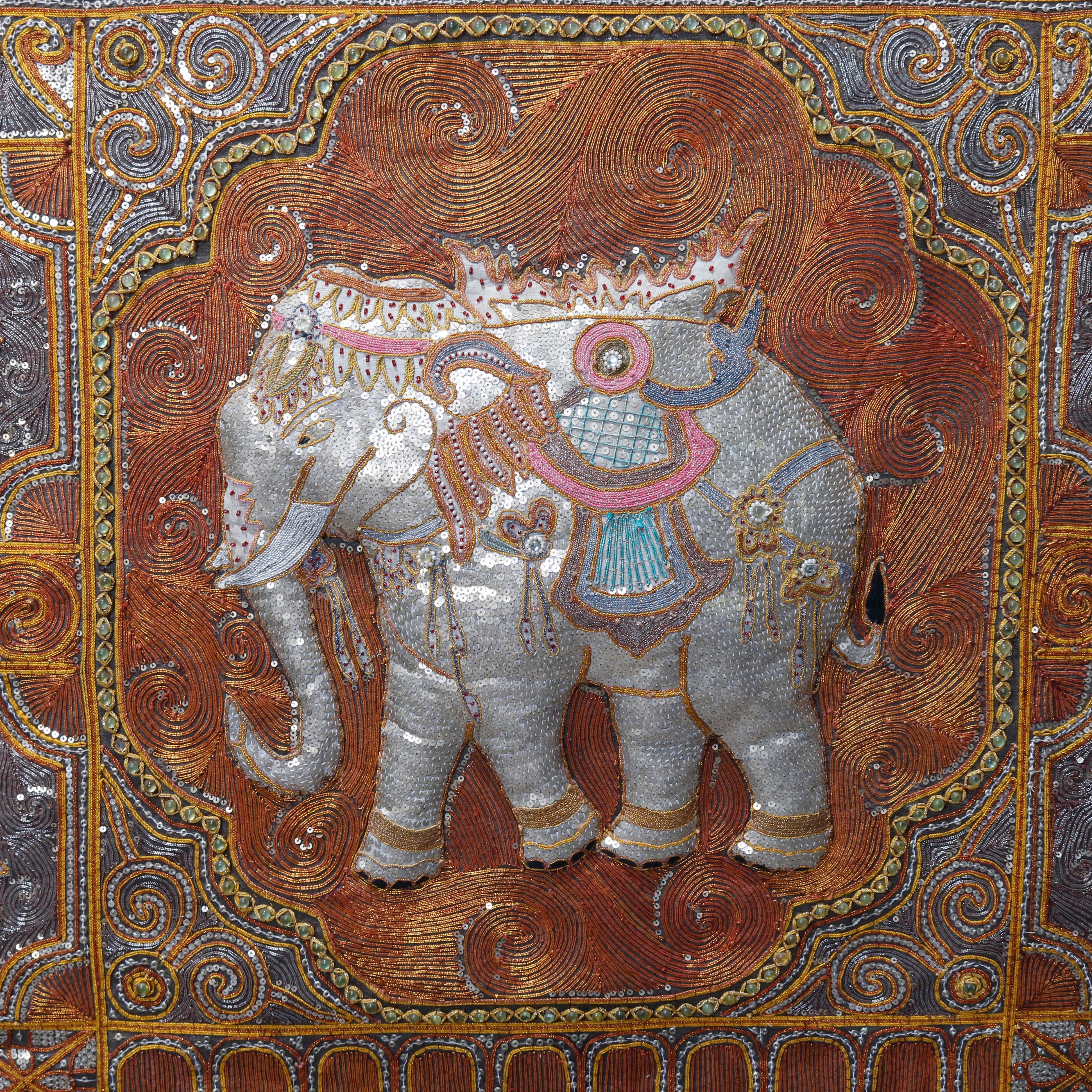 Glass Framed Figural Burmese Elephant Kalaga, Jeweled & Padded Needlepoint