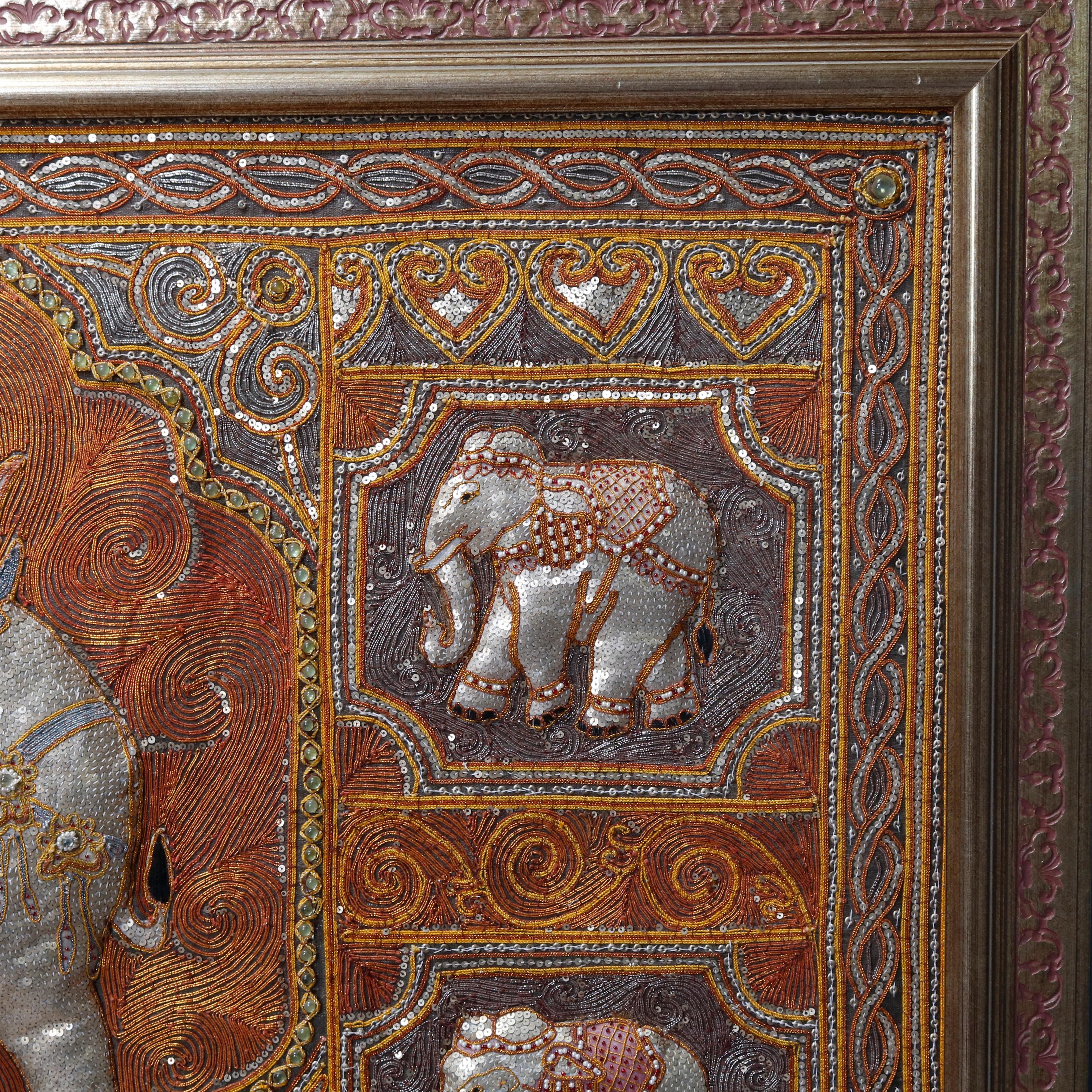 Framed Figural Burmese Elephant Kalaga, Jeweled & Padded Needlepoint 1