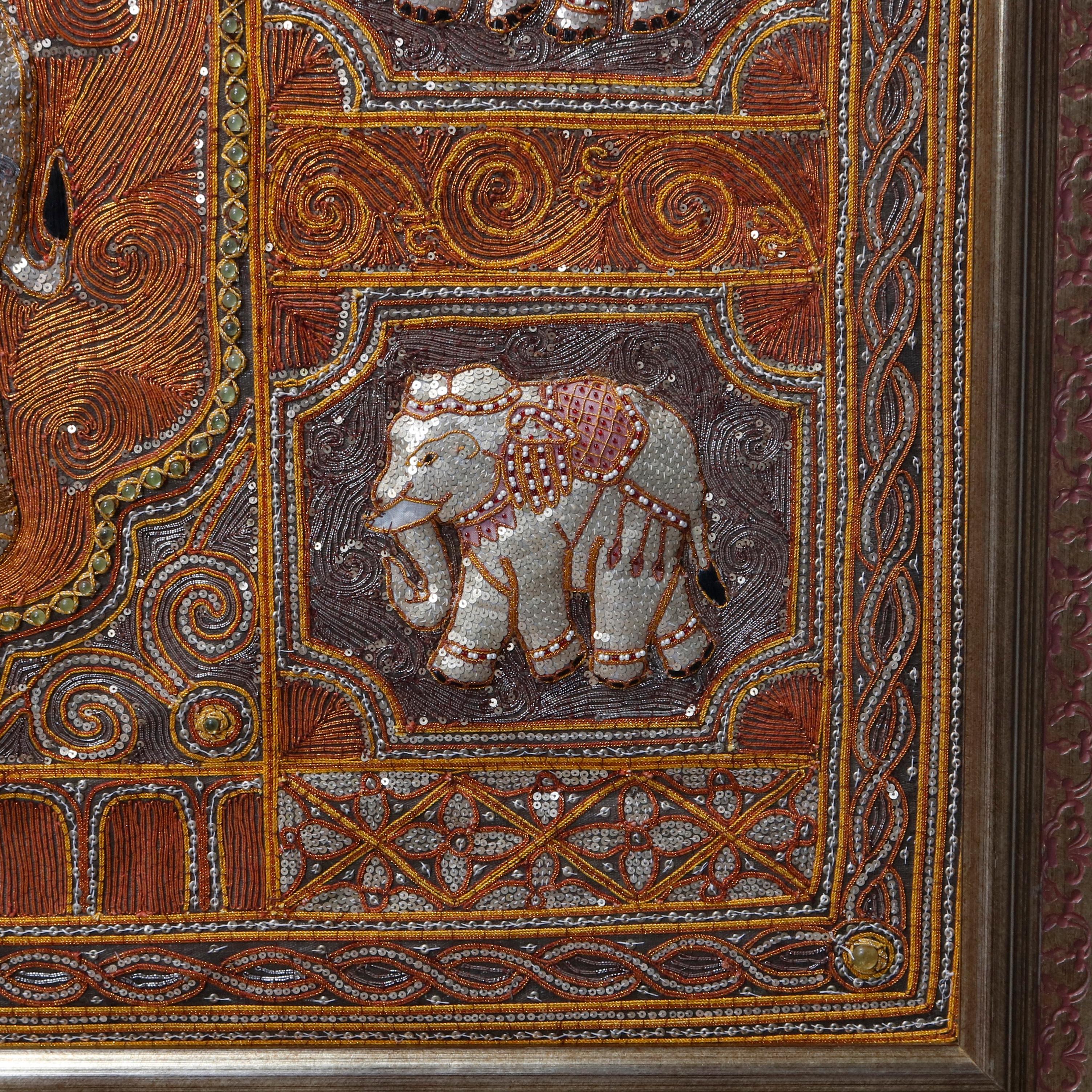 Framed Figural Burmese Elephant Kalaga, Jeweled & Padded Needlepoint 2