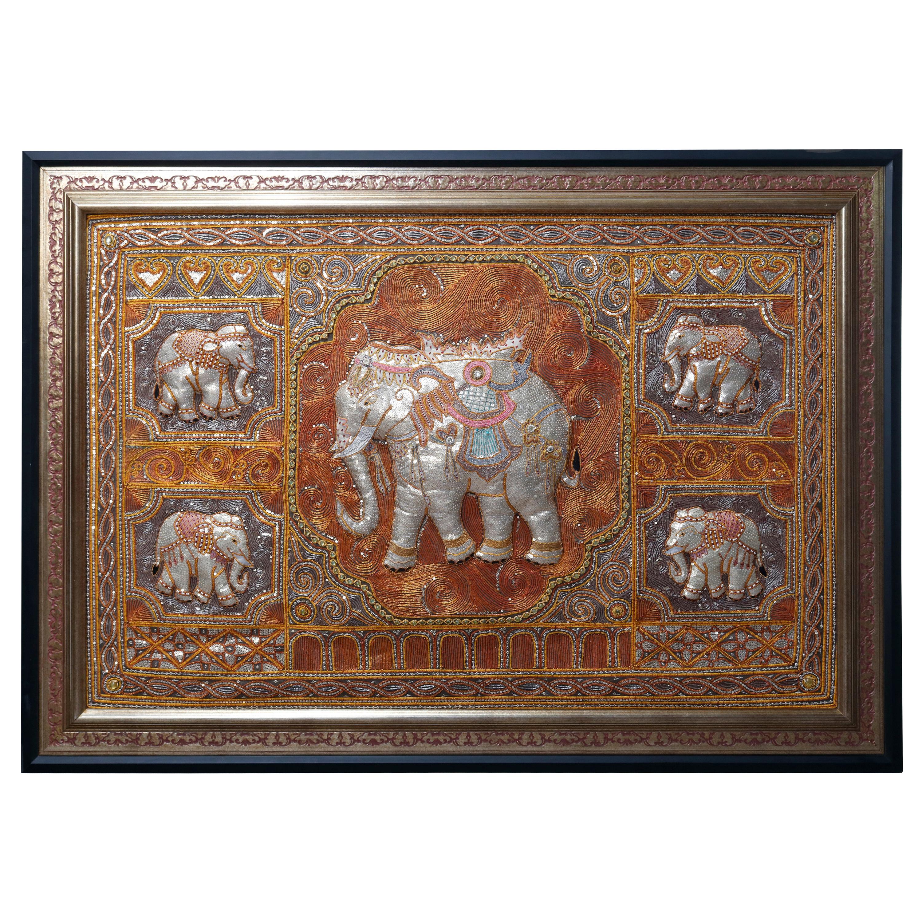 Framed Figural Burmese Elephant Kalaga, Jeweled & Padded Needlepoint