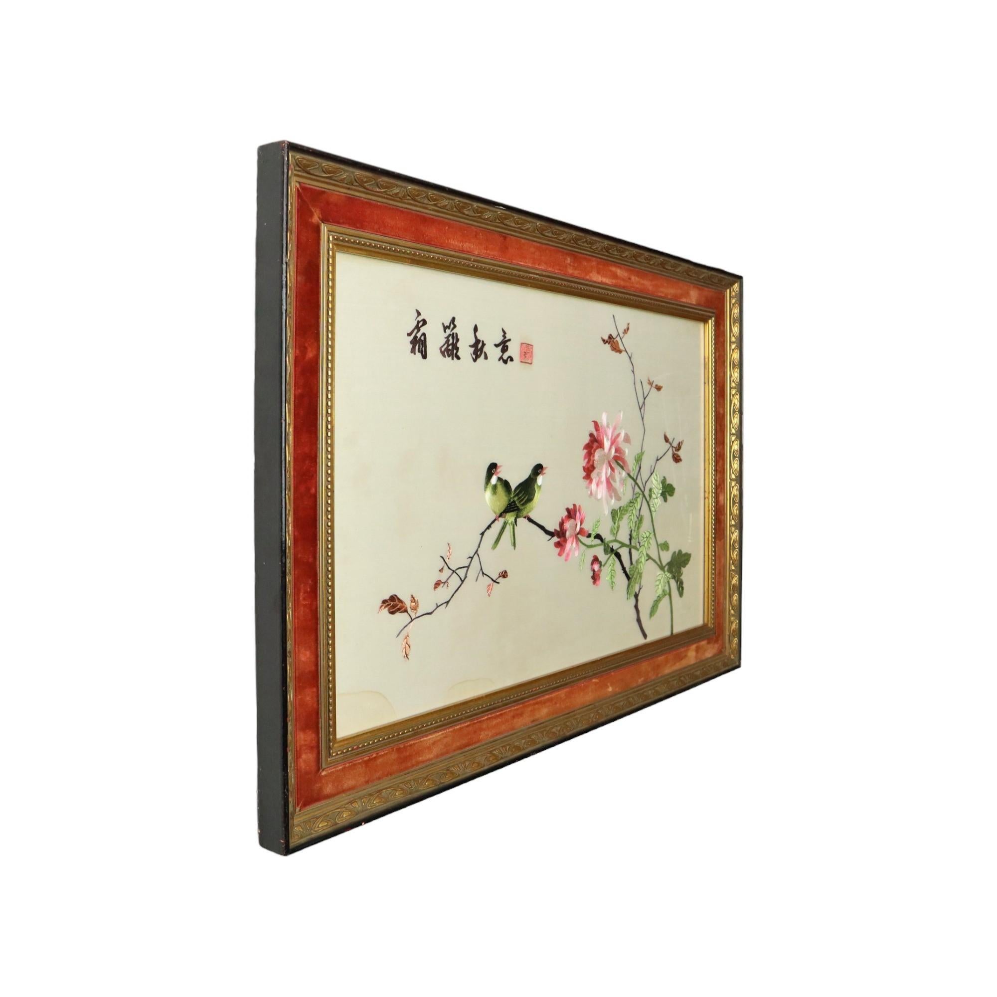 Gerahmte feine chinesische Stickerei auf Seide Vögel auf Branch 69x47cm im Angebot 1