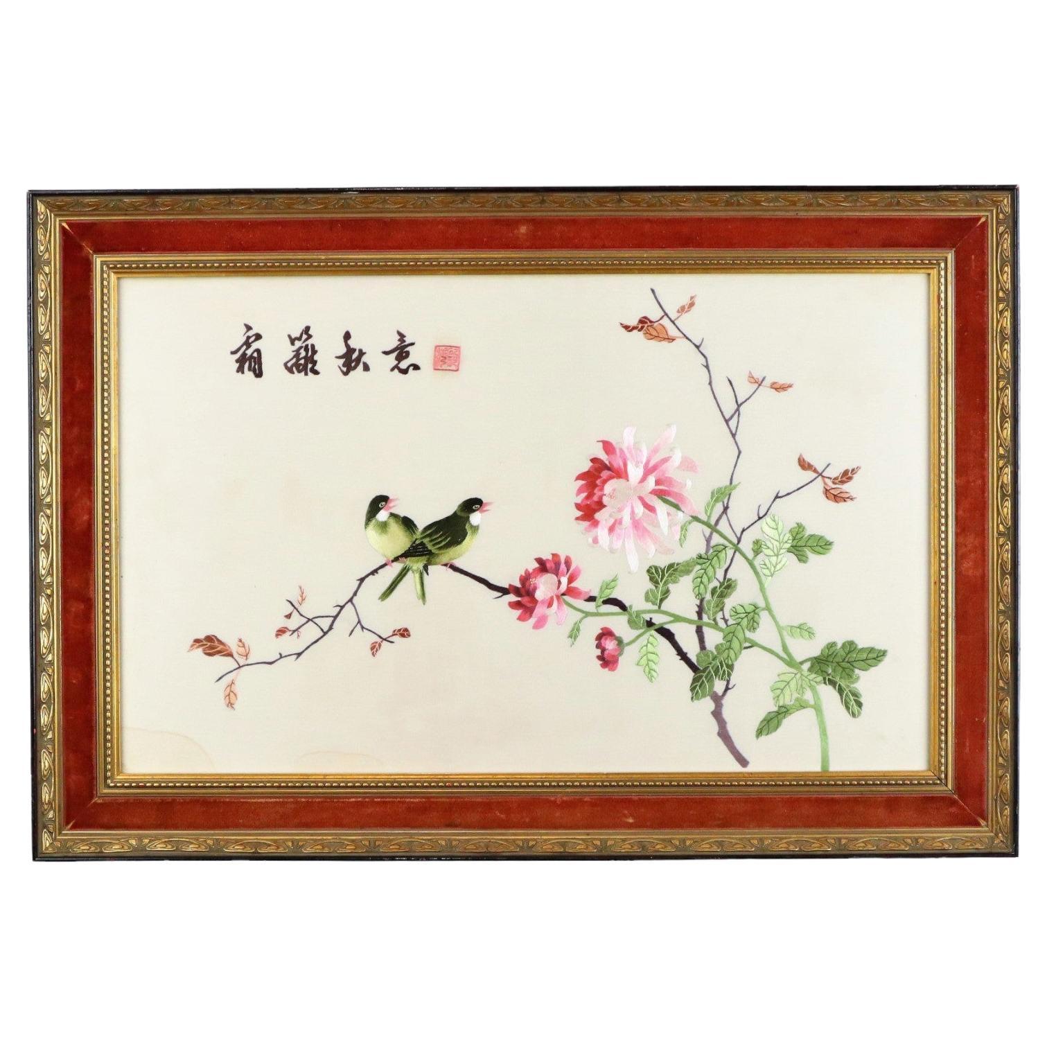 Gerahmte feine chinesische Stickerei auf Seide Vögel auf Branch 69x47cm