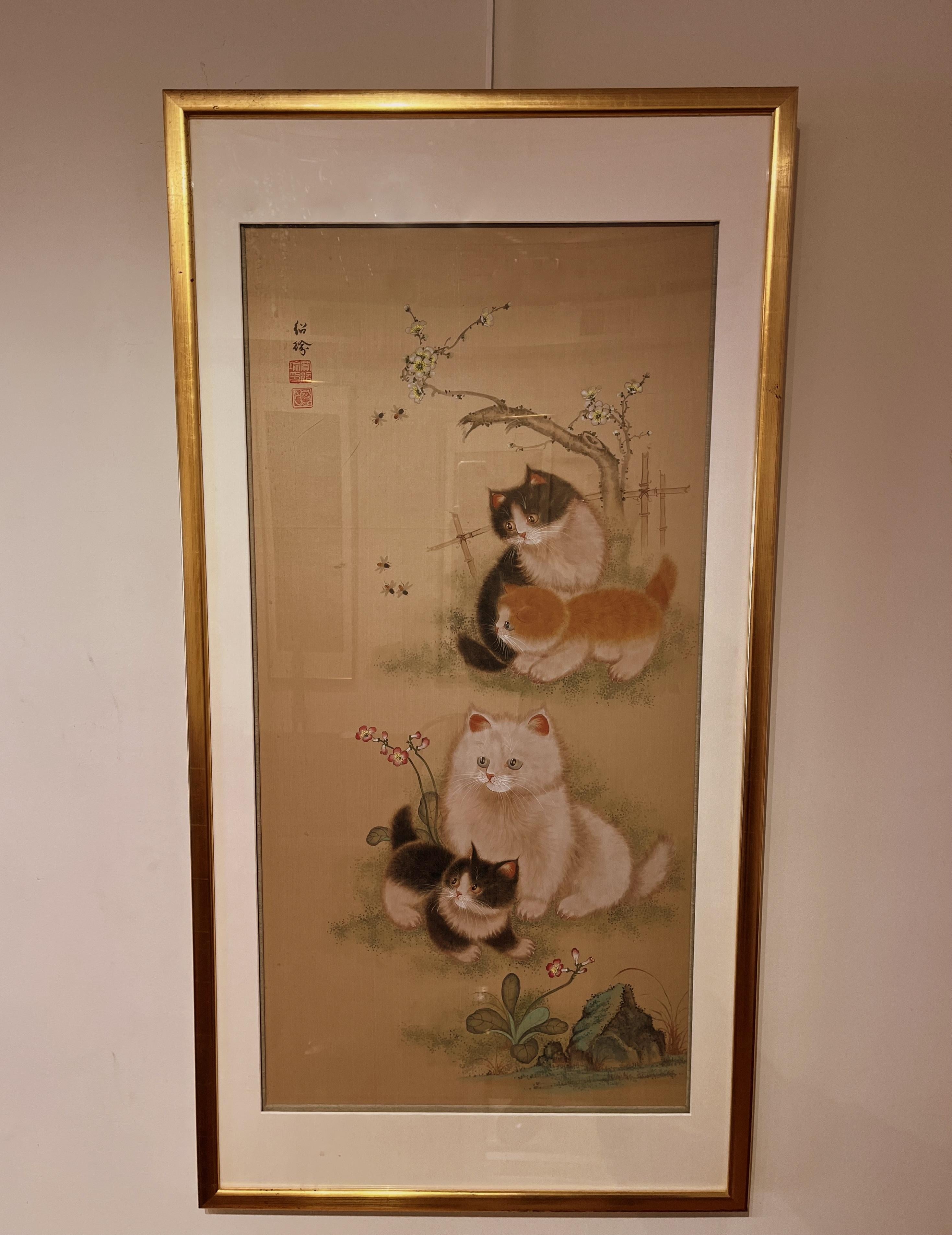 Fine elegant Japanese brush painting of four kittens with bees and flowers, curious and adorable kitten watching bees.
Very finely painted. Ca. 1900 , ink and color on silk. Conservation framed
Overall size with frame:  25