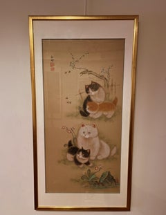 Framed Fine Japanese Brush Painting Kittens, Bees & Flowers, Conservation Framed