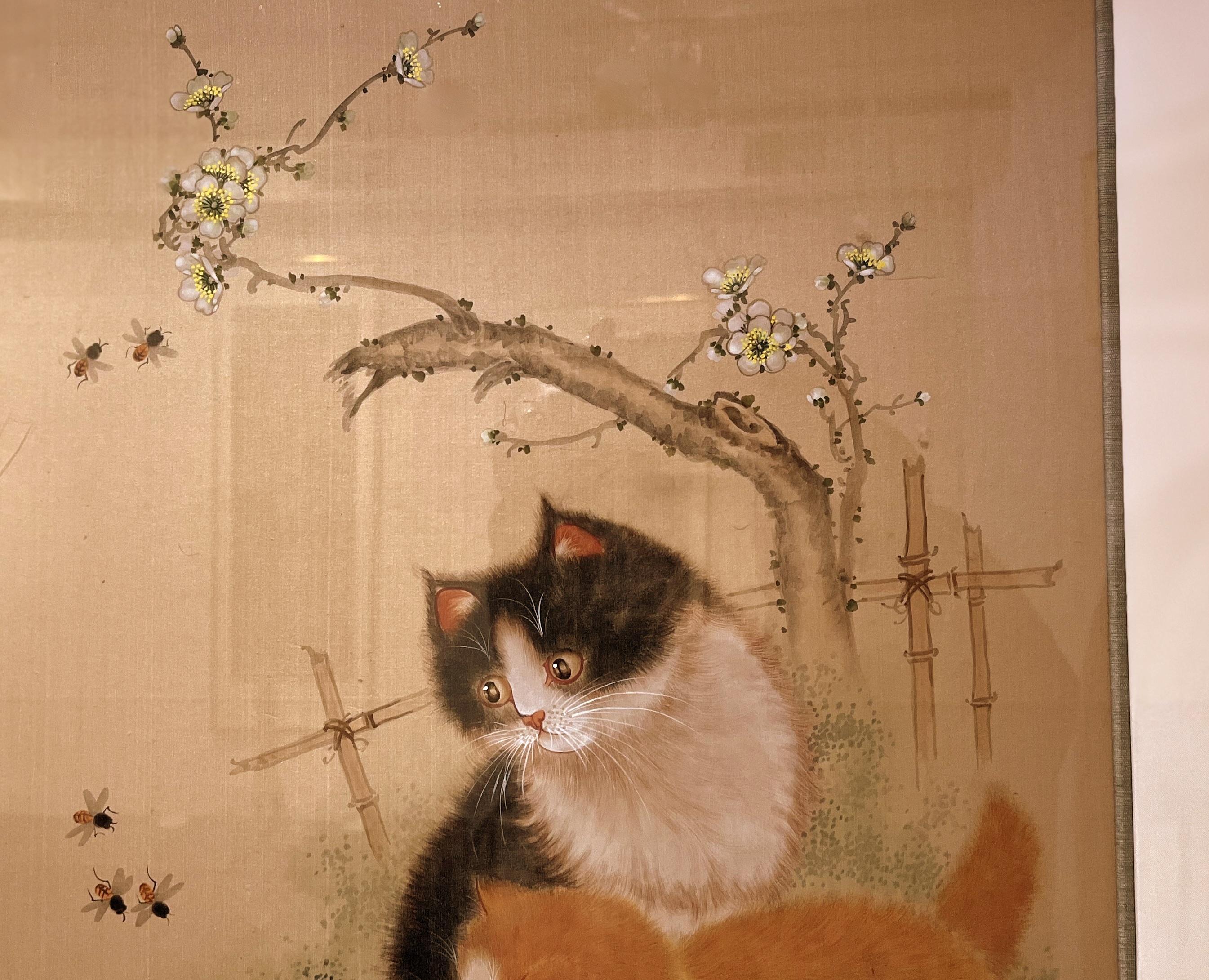 Hand-Painted Framed Fine Japanese Brush Painting of Four Kittens with Bees and Flowers For Sale