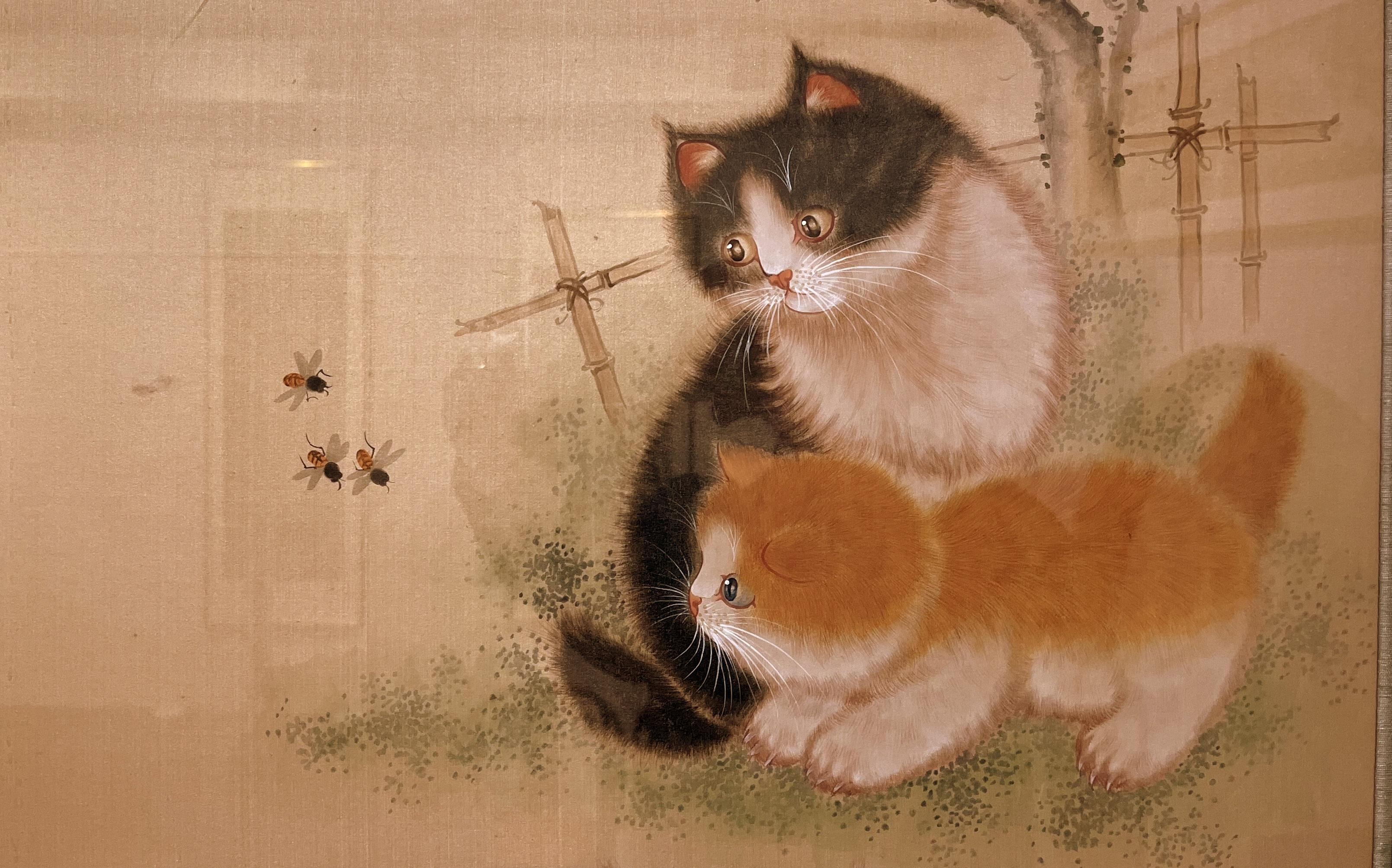 Early 20th Century Framed Fine Japanese Brush Painting of Four Kittens with Bees and Flowers For Sale