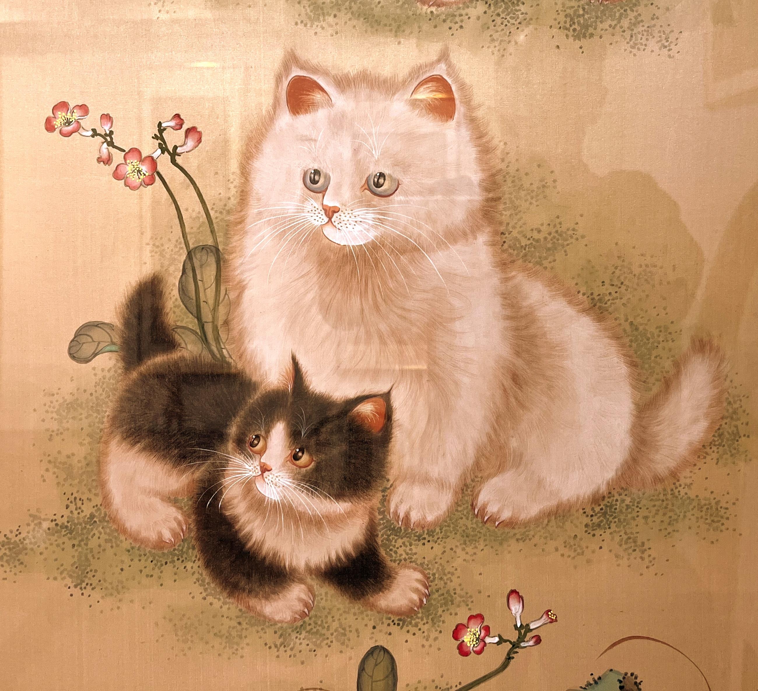 Silk Framed Fine Japanese Brush Painting of Four Kittens with Bees and Flowers For Sale