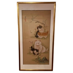 Peinture japonaise de quatre chatons avec abeilles et fleurs encadrée