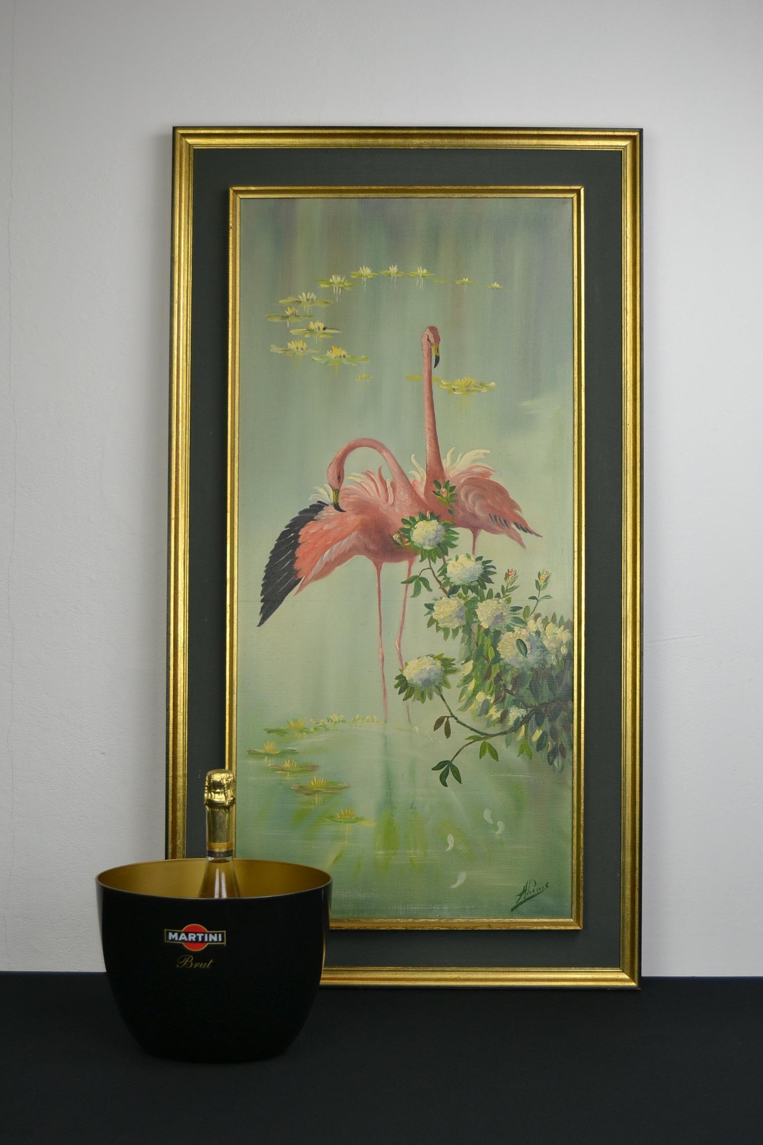Beautiful framed flamingo painting.
It shows 2 flamingo's standing in the water surrounded with water lilies and a plant with white flowers. The use of pastel colors is beautiful.
The stylish wooden frame has the color black and gold with a fine