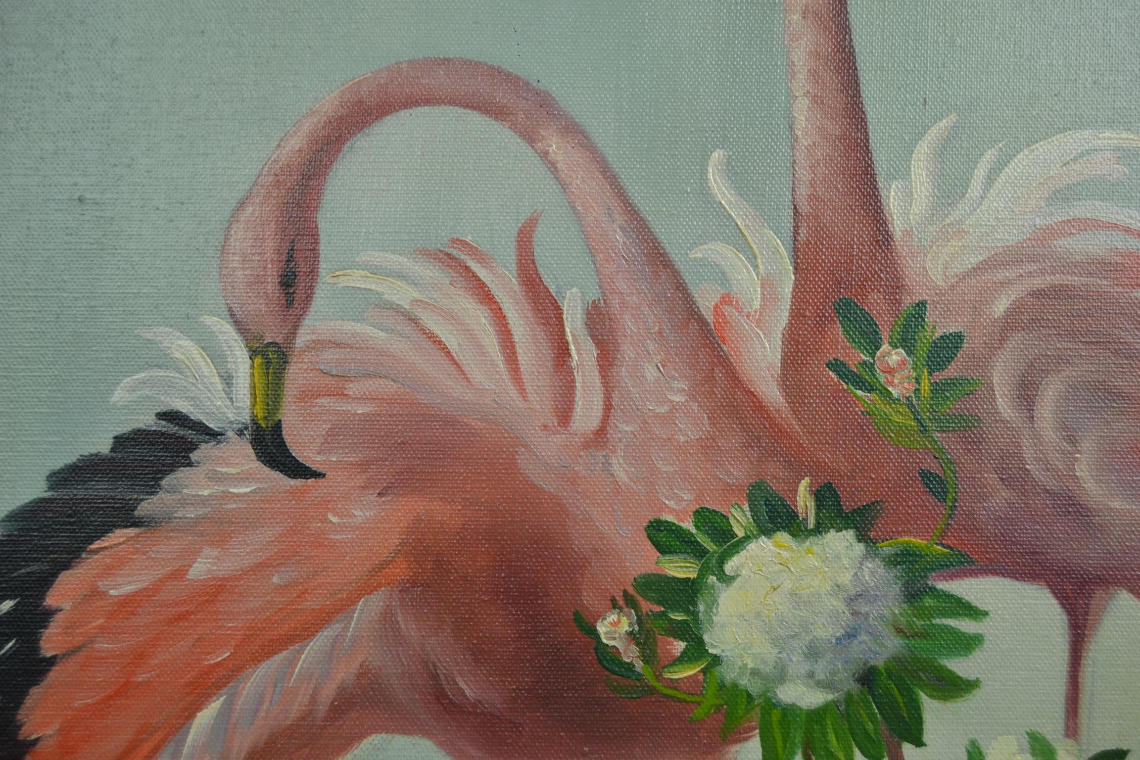 Romantic Framed Flamingo Painting, Late 20th Century