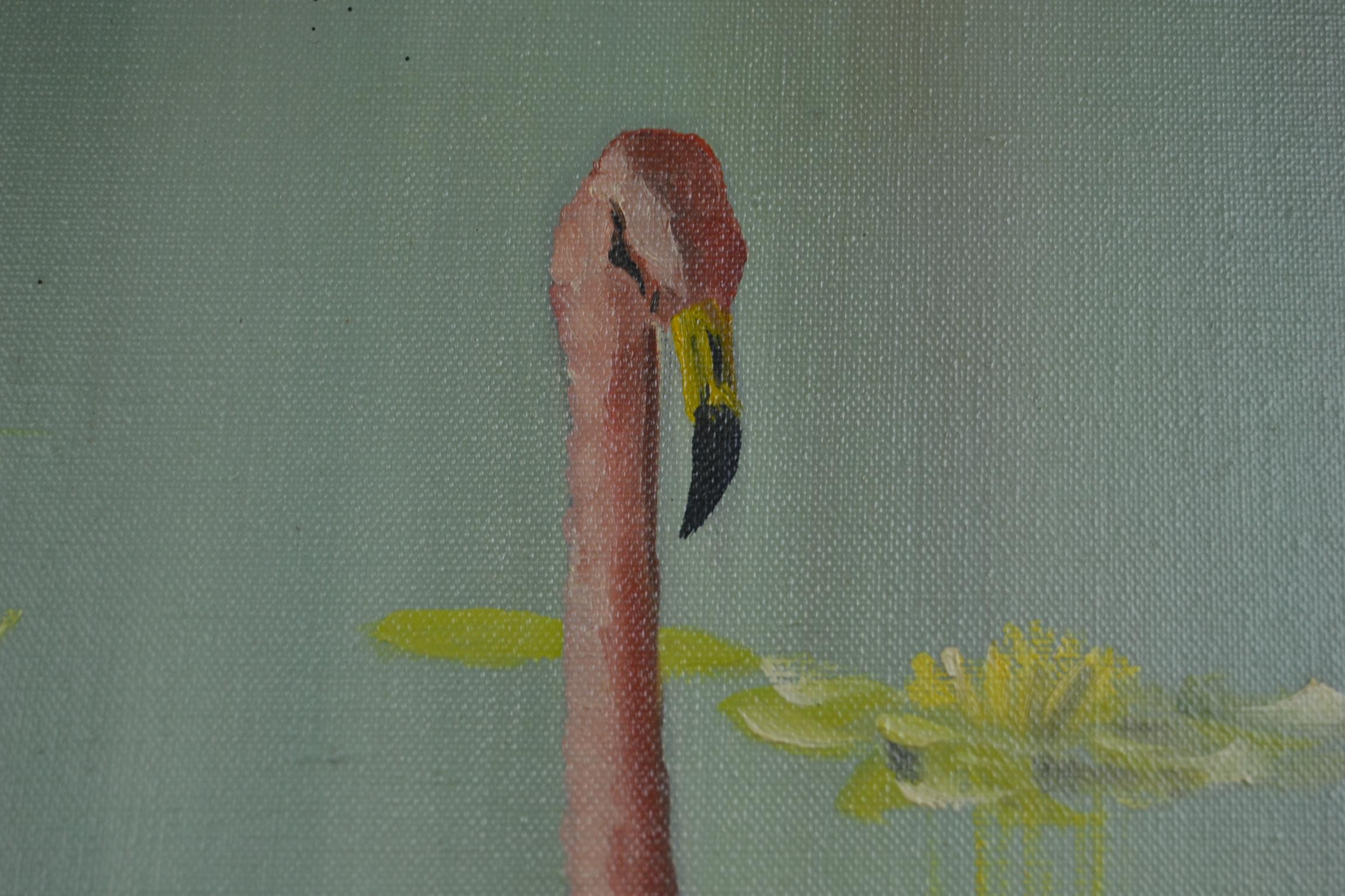 European Framed Flamingo Painting, Late 20th Century