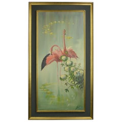 Vintage Framed Flamingo Painting, Late 20th Century