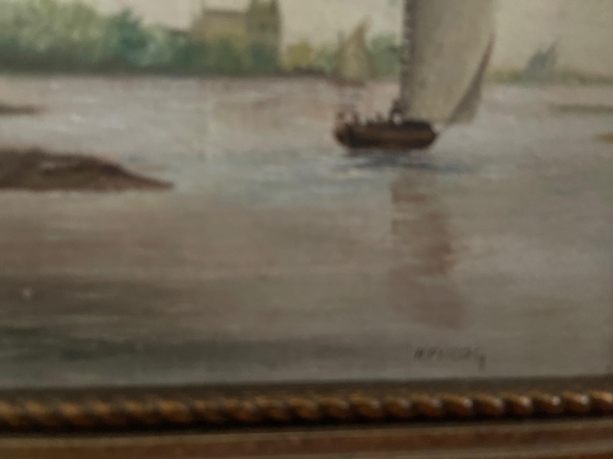 Gerahmtes flämisches Öl auf Karton mit der Darstellung von The Shore of the Bay, 19. im Angebot 4