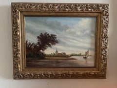 Framed Flemish Oil on Board depicting Shore of the Bay, 19th Century