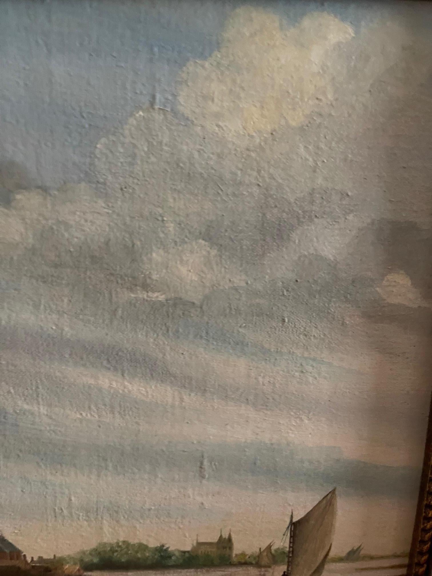 Gerahmtes flämisches Öl auf Karton mit der Darstellung von The Shore of the Bay, 19. (Vergoldetes Holz) im Angebot