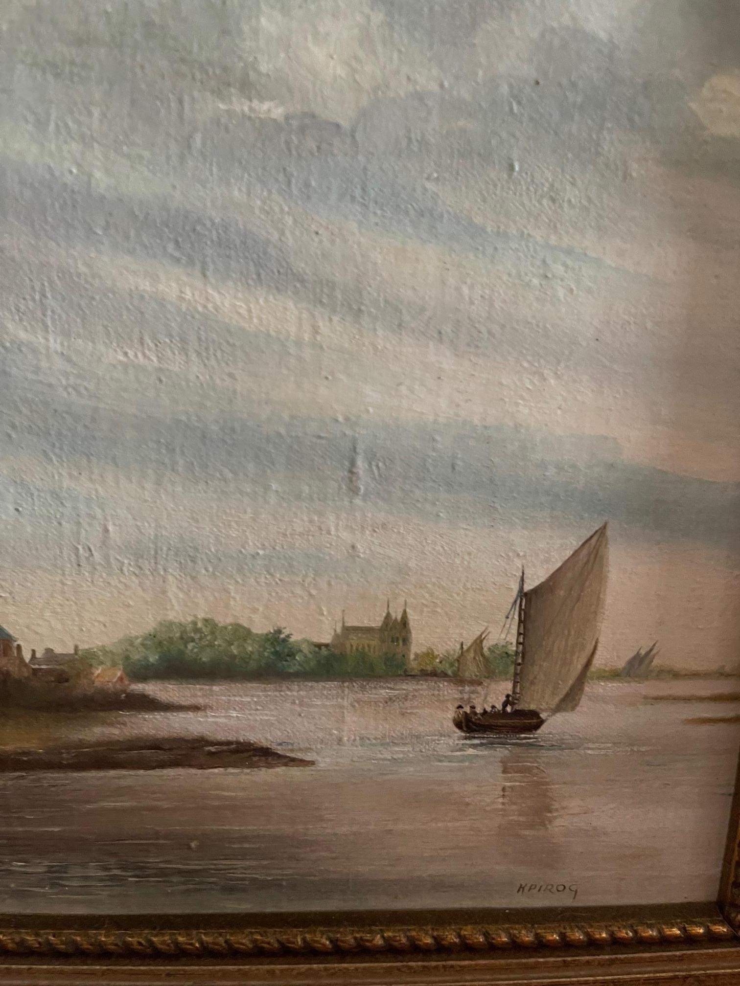 Gerahmtes flämisches Öl auf Karton mit der Darstellung von The Shore of the Bay, 19. im Angebot 1