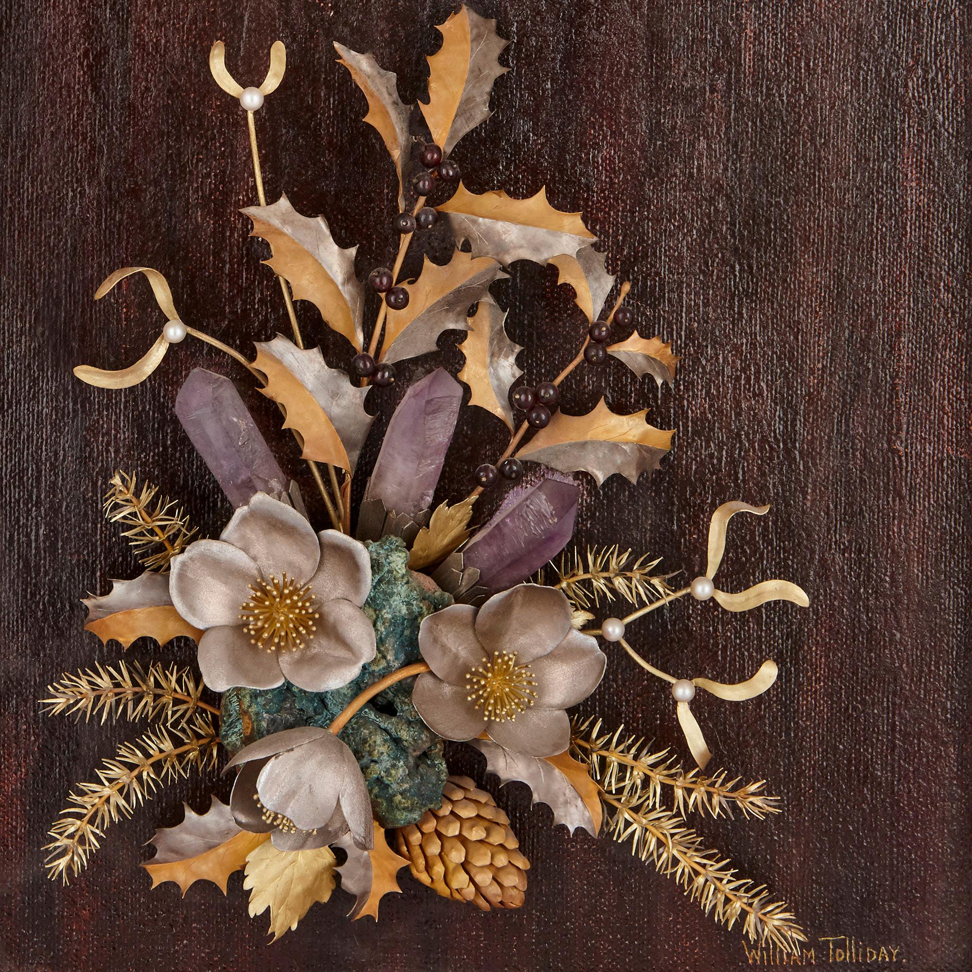 This magnificent study of flowers is wrought from gold and silver, amethyst and other minerals, and natural pearls. The study features sprigs of Holly with mineral berries and gold leaves springing from a green stone crop of rock. Grasses, also