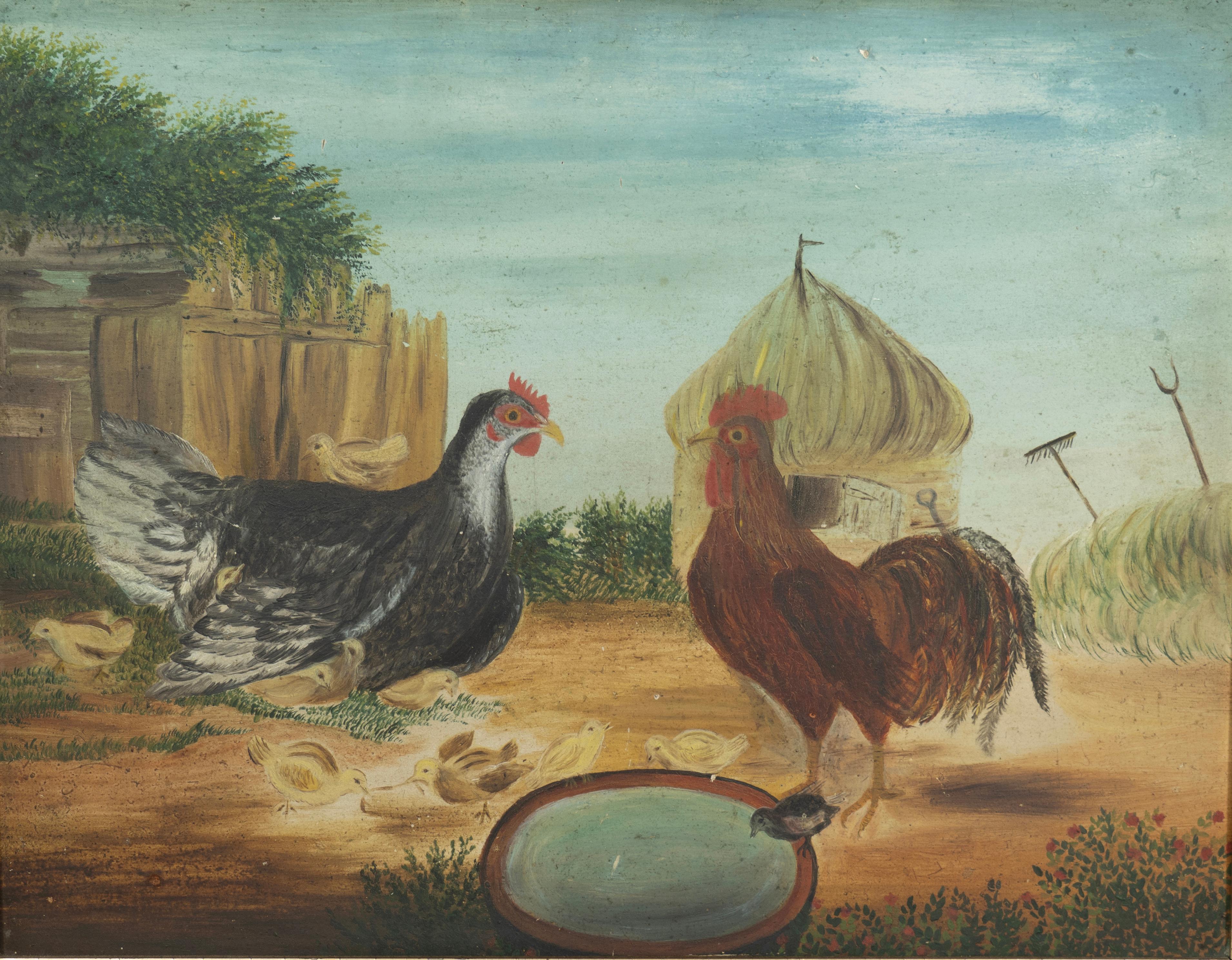 Con marco dorado limón y la pintura sobre tabla de artista que representa a una gallina y un gallo en un entorno de granja.