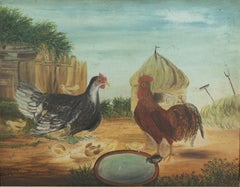 Quadro d'arte popolare di galline incorniciato