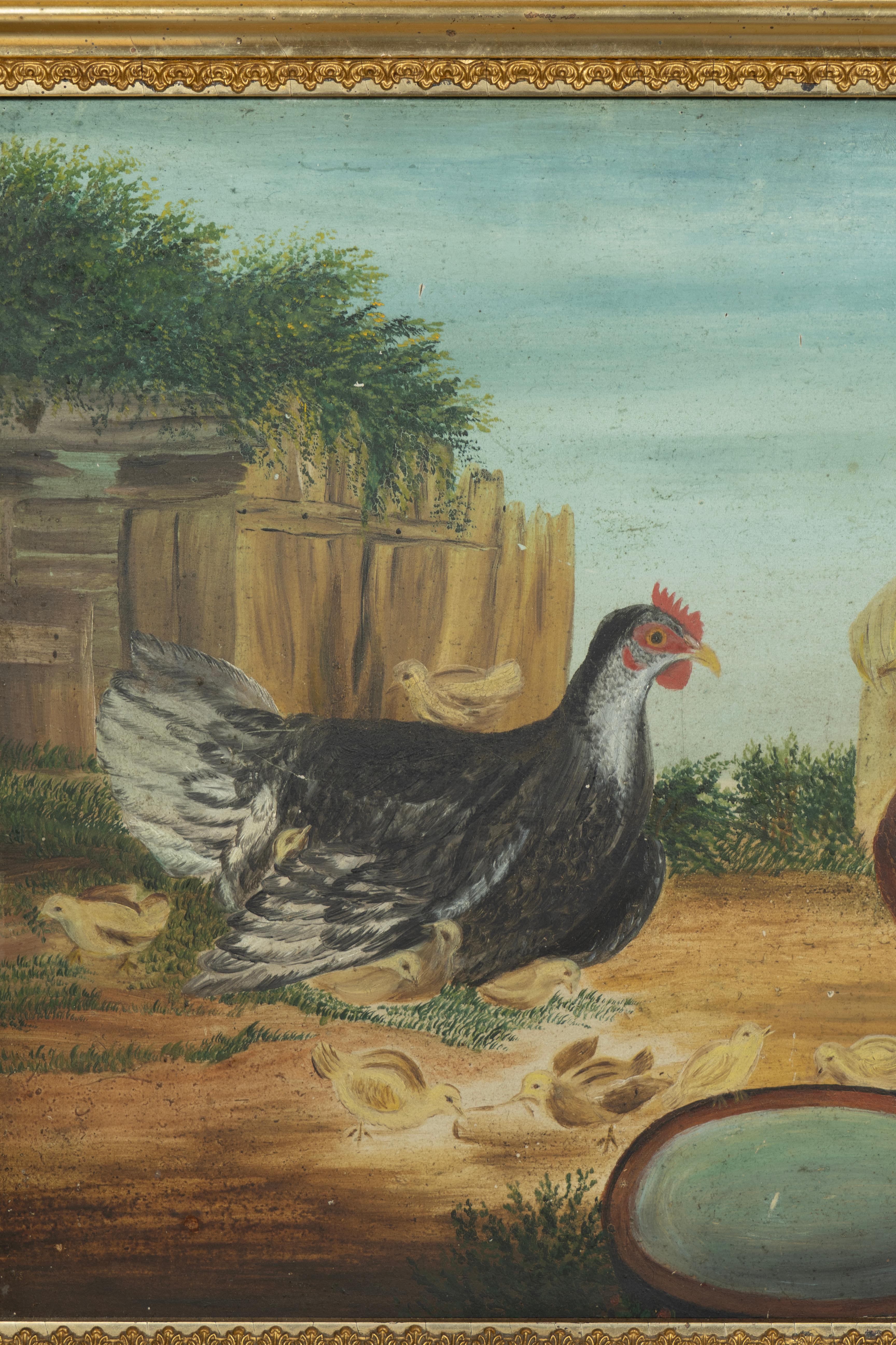 Pintura folclórica enmarcada de gallinas Arte popular