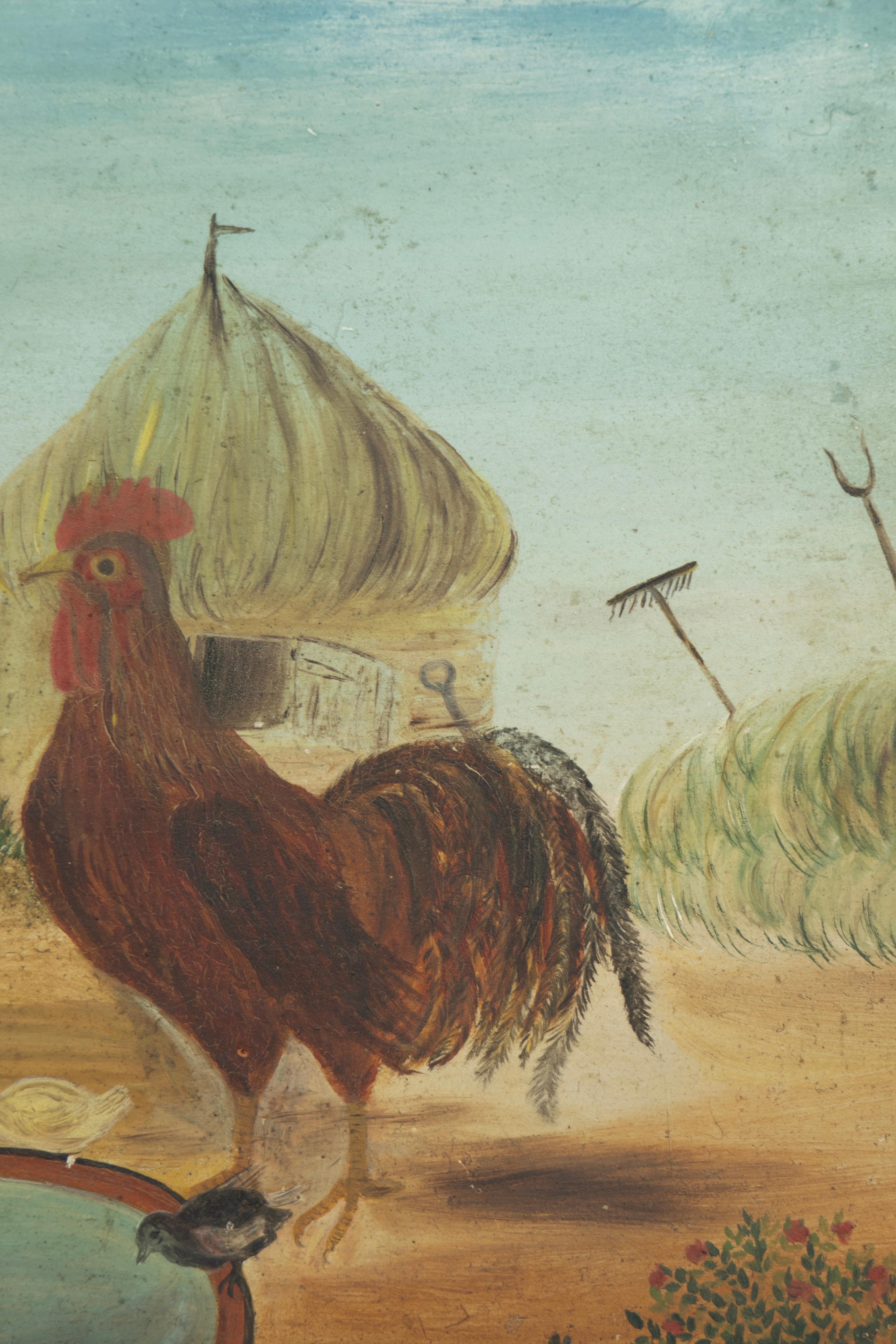 Pintura folclórica enmarcada de gallinas Estadounidense