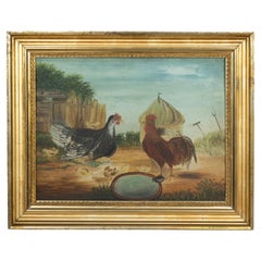 Framed Folk Art Painting Of Chickens
