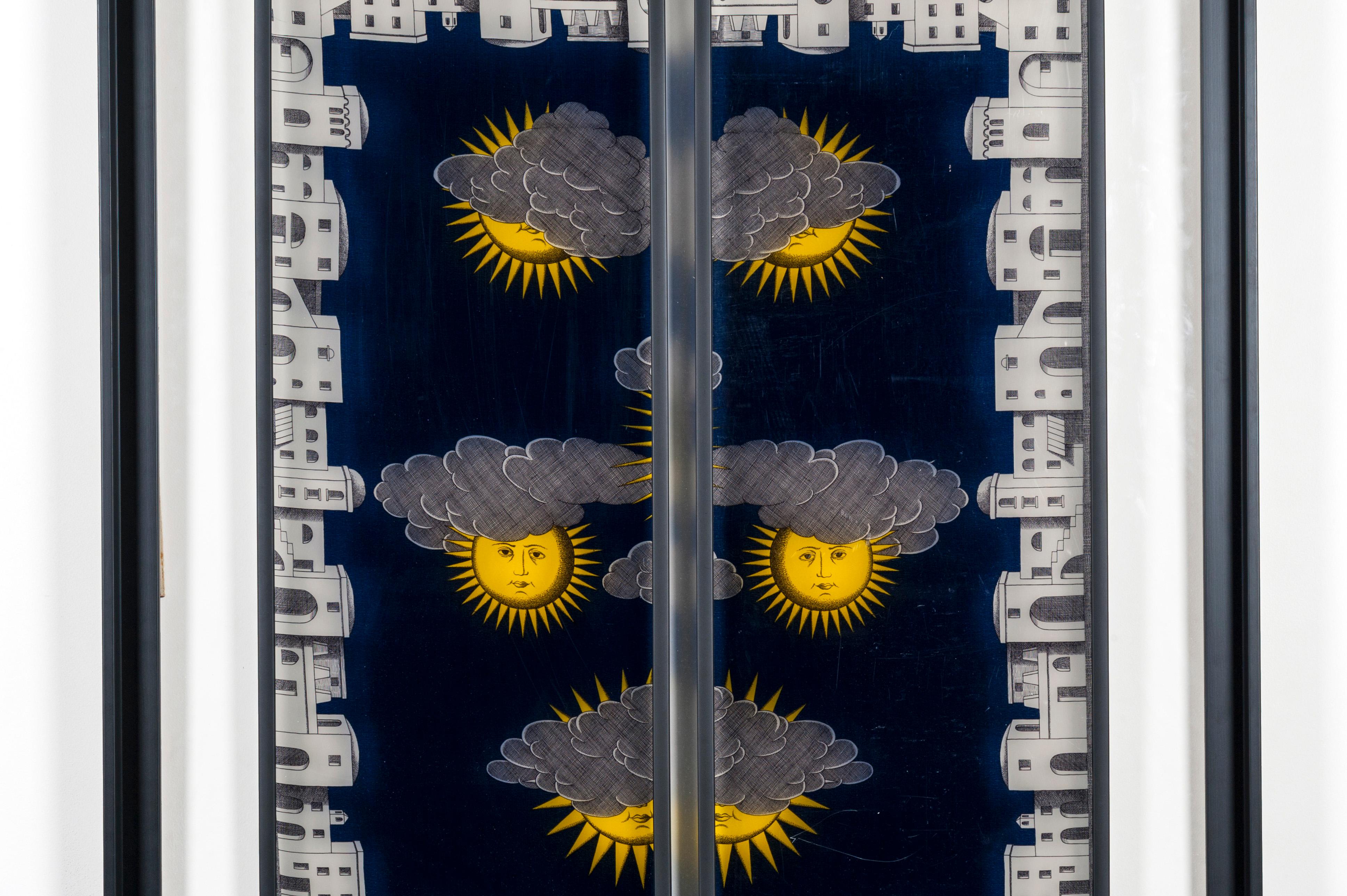 These serigraphied panels made by Fornasetti are mounted on an altuglass with a steel frame.