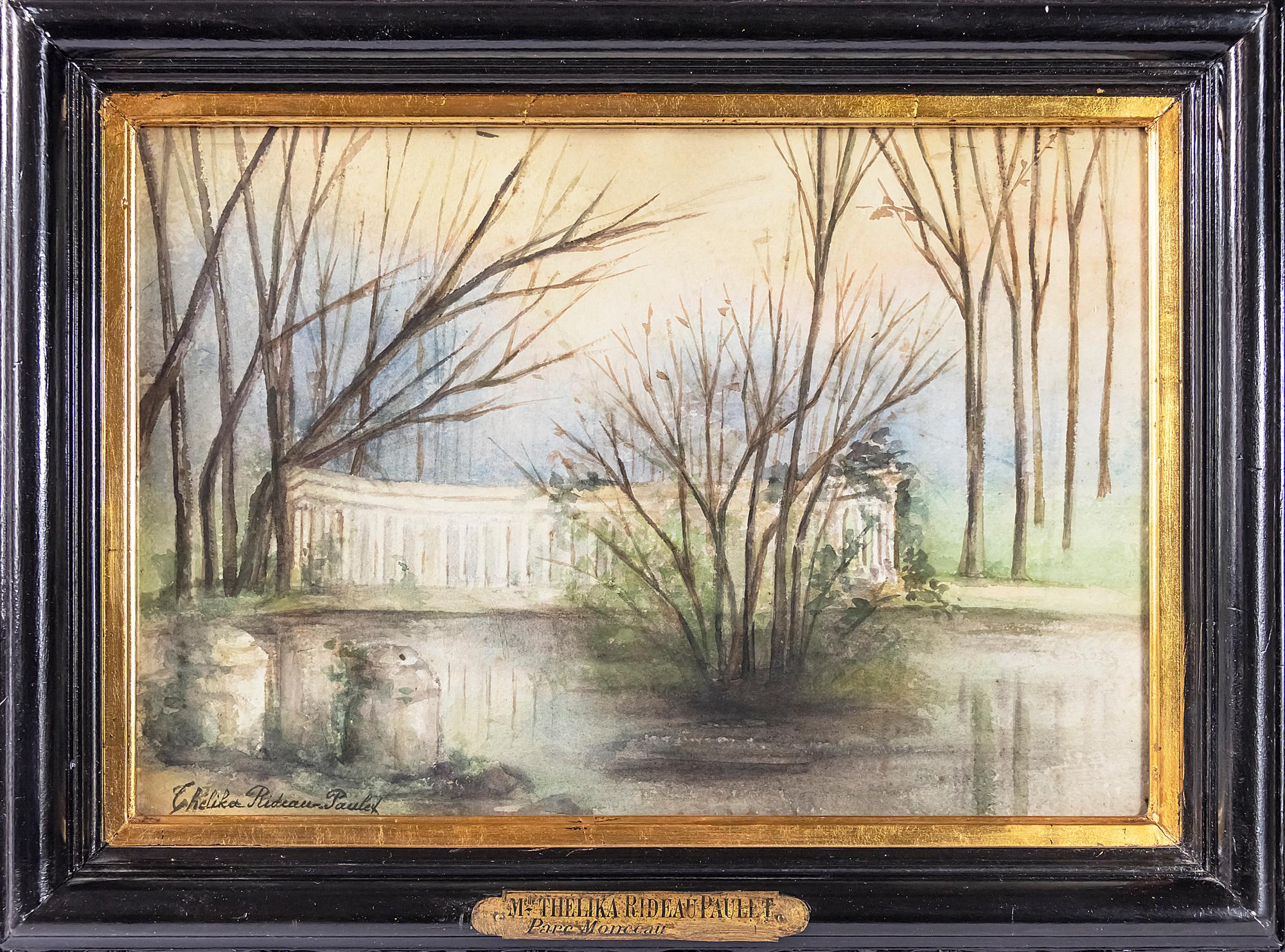 Framed antique 19th century painting by French painter Marie Thelika Rideau Paulet, signed.
Aquarelle on paper depicting Parc Monceau in Paris.
Framed in wooden black frame with gilt decor and label.

