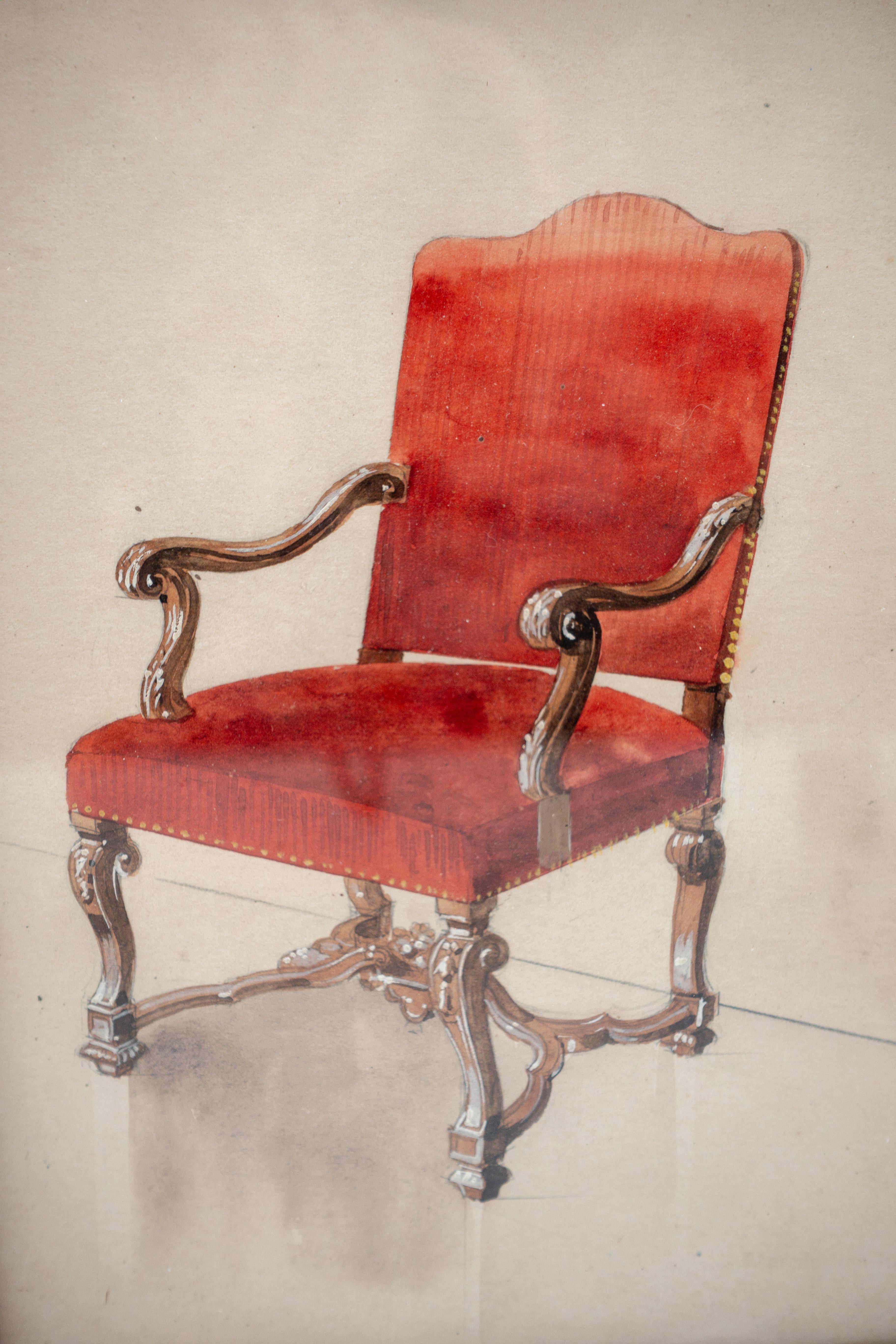 Großartiges gerahmtes französisches Aquarell aus dem 19. Jahrhundert, das einen mit rotem Samtstoff bezogenen Louis-XIV-Stuhl zeigt.