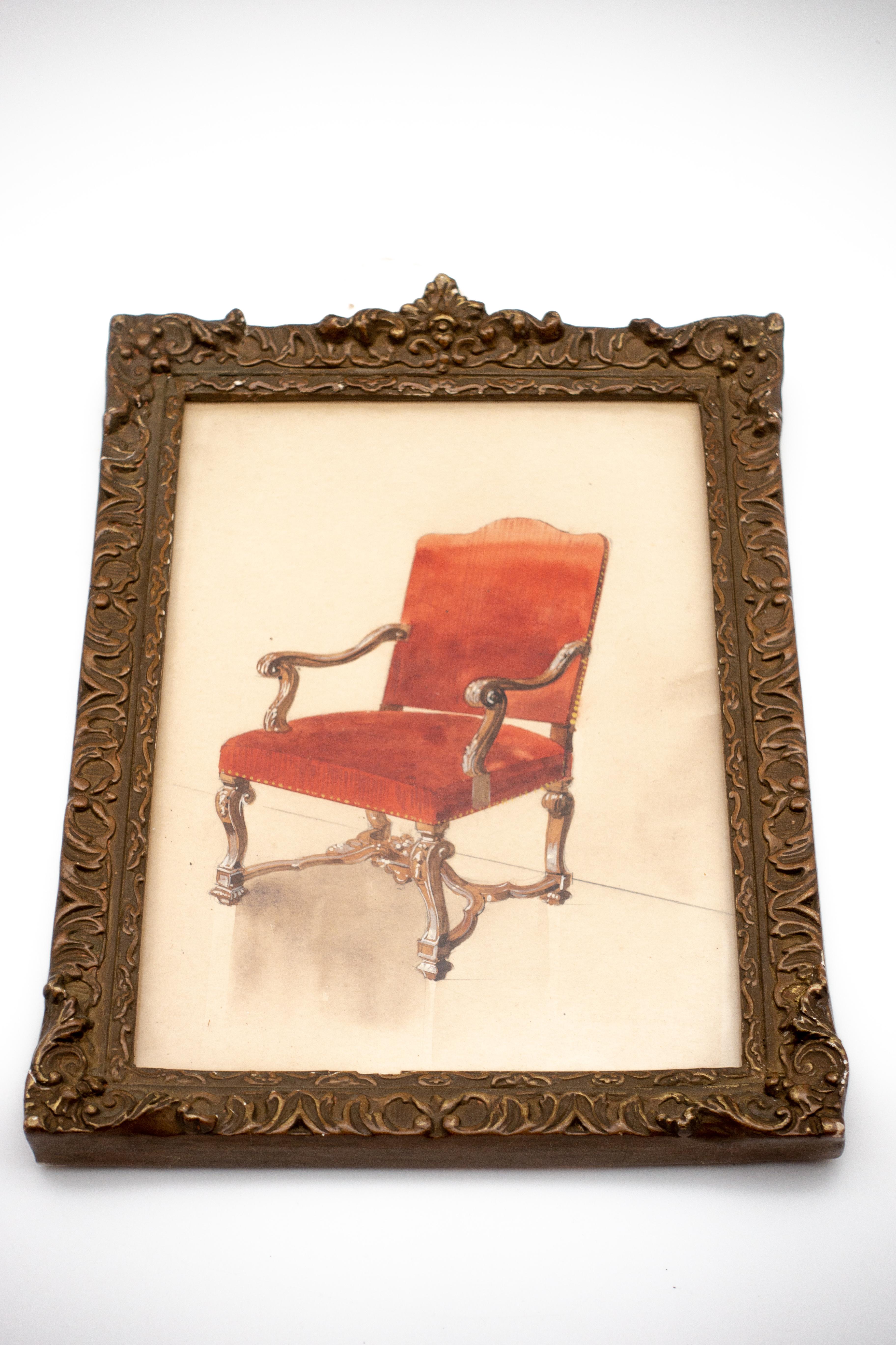 Gerahmtes französisches Aquarell eines Louis XIV.-Stuhls aus dem 19. Jahrhundert im Zustand „Gut“ im Angebot in New York, NY