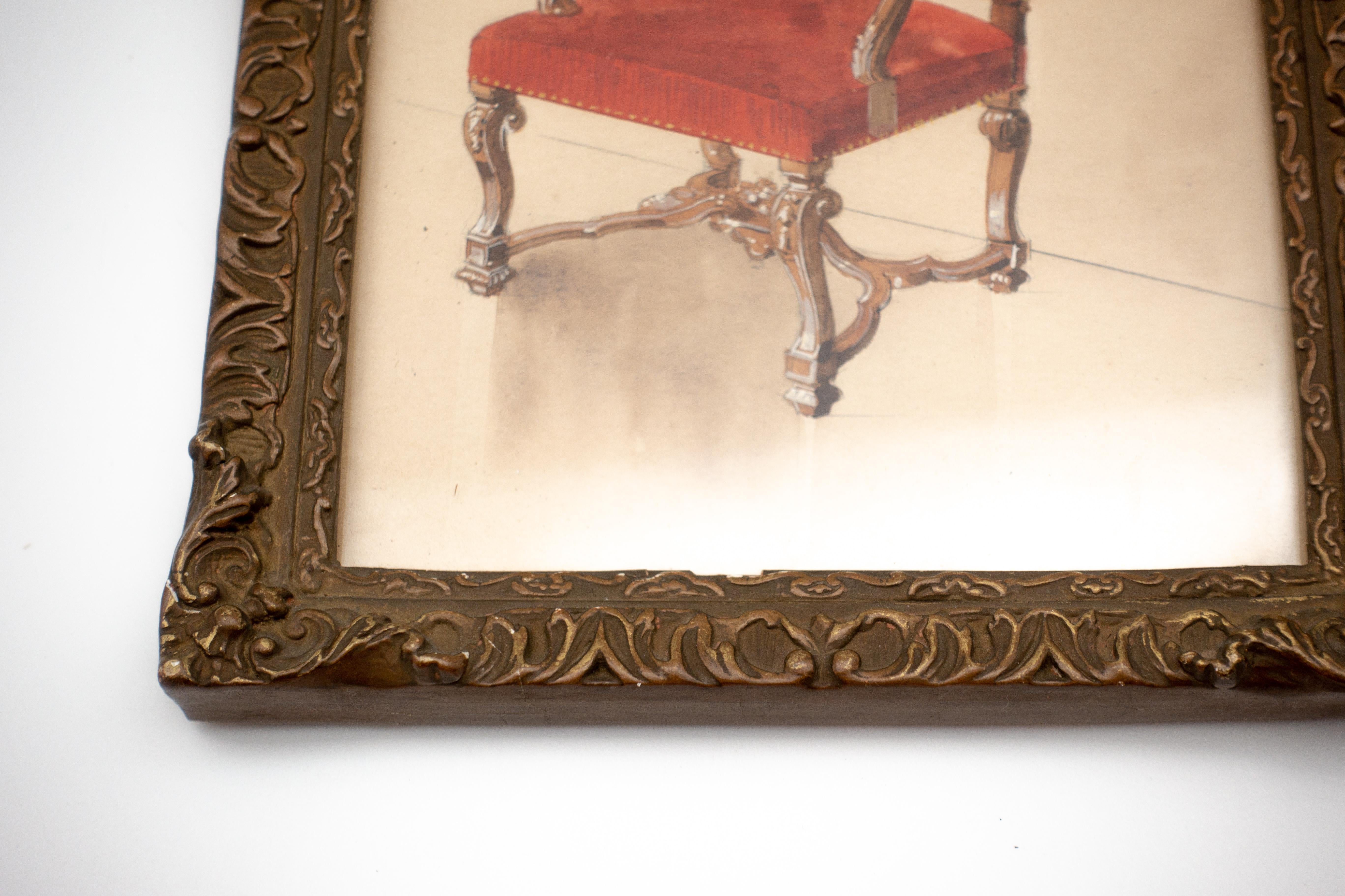 Framed French 19th Century Watercolor of Louis XIV Chair In Good Condition For Sale In New York, NY