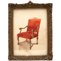 Antique Framed French 19th Century Watercolor of Louis XIV Chair