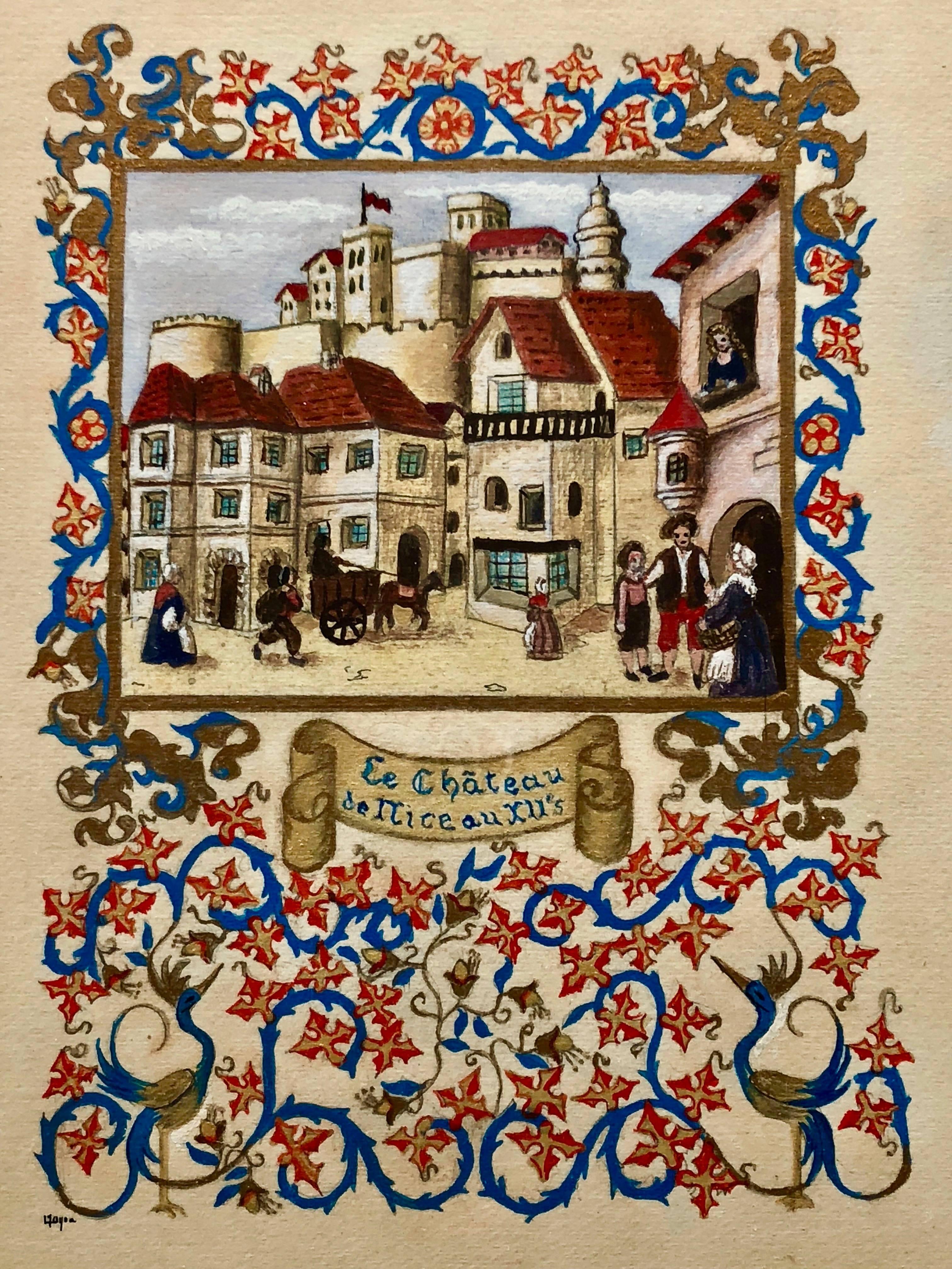 This is a lovely French Aquarelle of the Chateau de Nice in the 13th century, likely painted in the early 1980s. This painting on paper is in a detailed gold frame and has a signature, but it is difficult to read. The richly painted blue, red and