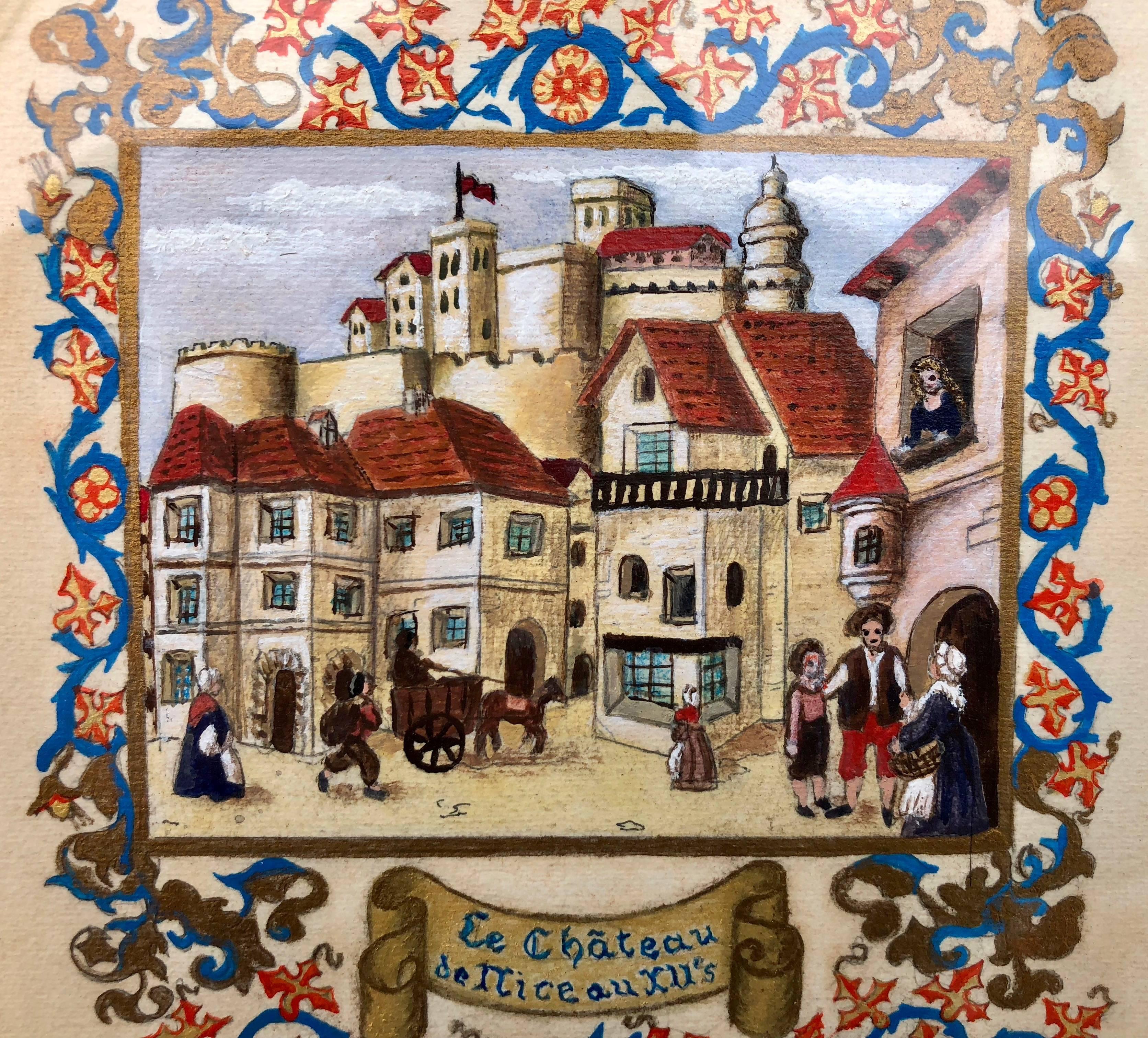 Framed French Aquarelle of the Chateau De Nice in the 13th Century In Good Condition In Petaluma, CA