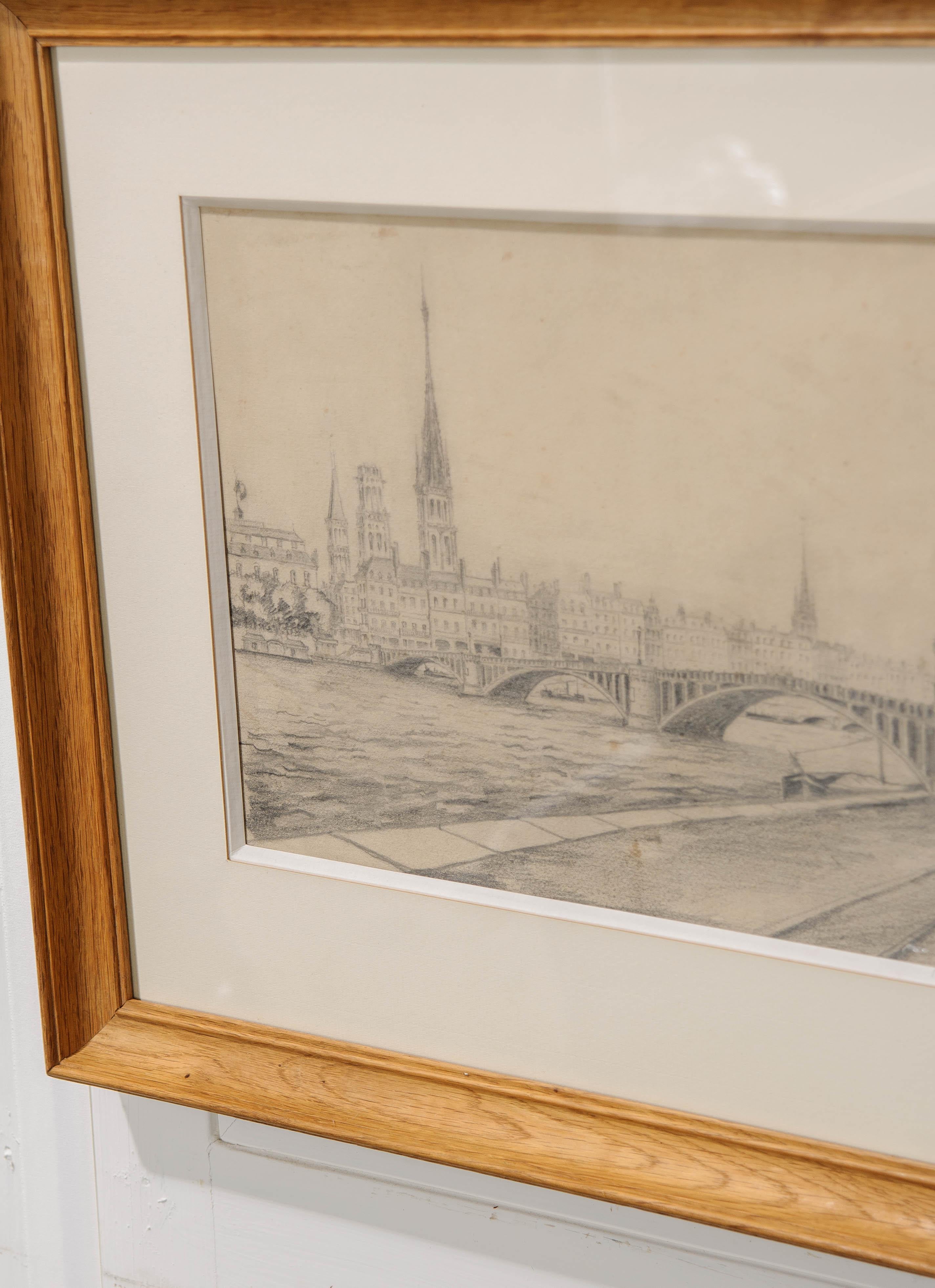 A lovely pencil sketch of a bridge over the Seine near the Palais de Justice. The work has been recently re-framed in its original frame. The frame is a simple moulded bleached wood that complements the artwork wonderfully.