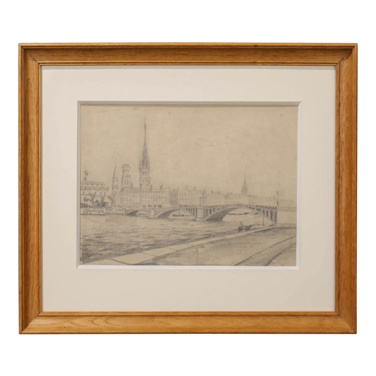 Framed French Architectural Drawing on Paper
