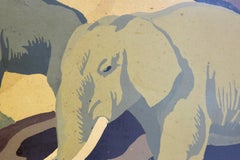 Framed French Art Deco Panel showing a Scene with Elephants in a Jungle Pattern