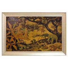 Panneau Art déco français encadré représentant une scène avec des éléphants dans un Jungle