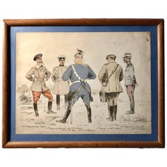 Antique Framed French Cartoonist Color Aquarelle of Military Officers, Early 1900s