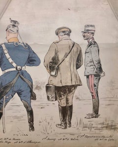 Framed French Cartoonist Color Aquarelle of Military Officers, Early 1900s