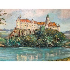 Framed French Castle Oil on Canvas Painting Signed Blanchard