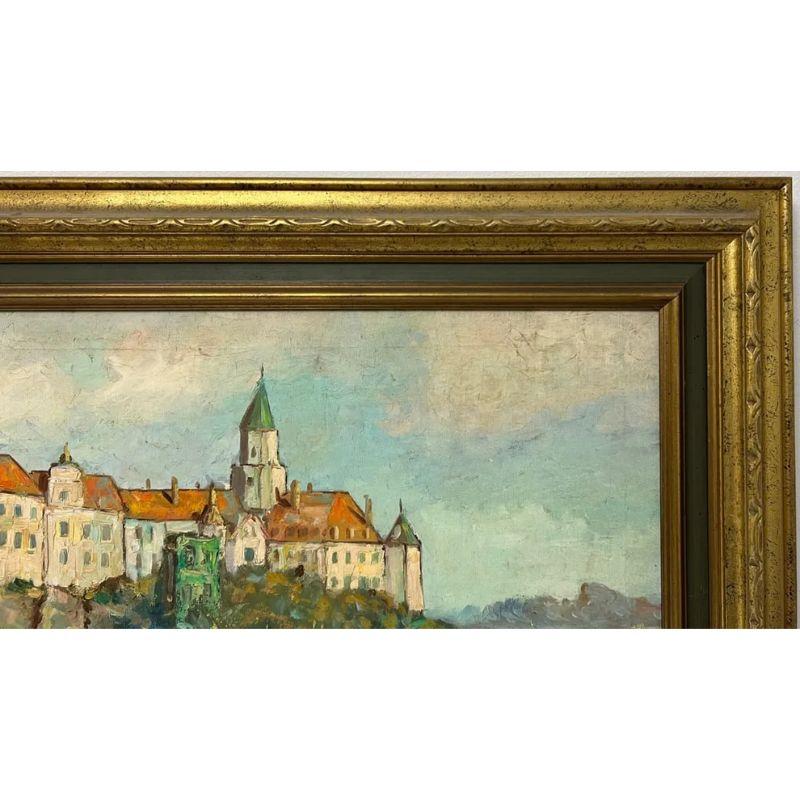 Framed French Castle Oil on Canvas Painting Signed Blanchard In Good Condition For Sale In Locust Valley, NY